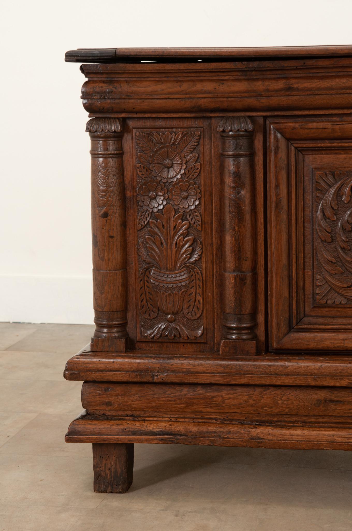 Hand-Carved French 18th Century Solid Carved Oak Coffer For Sale