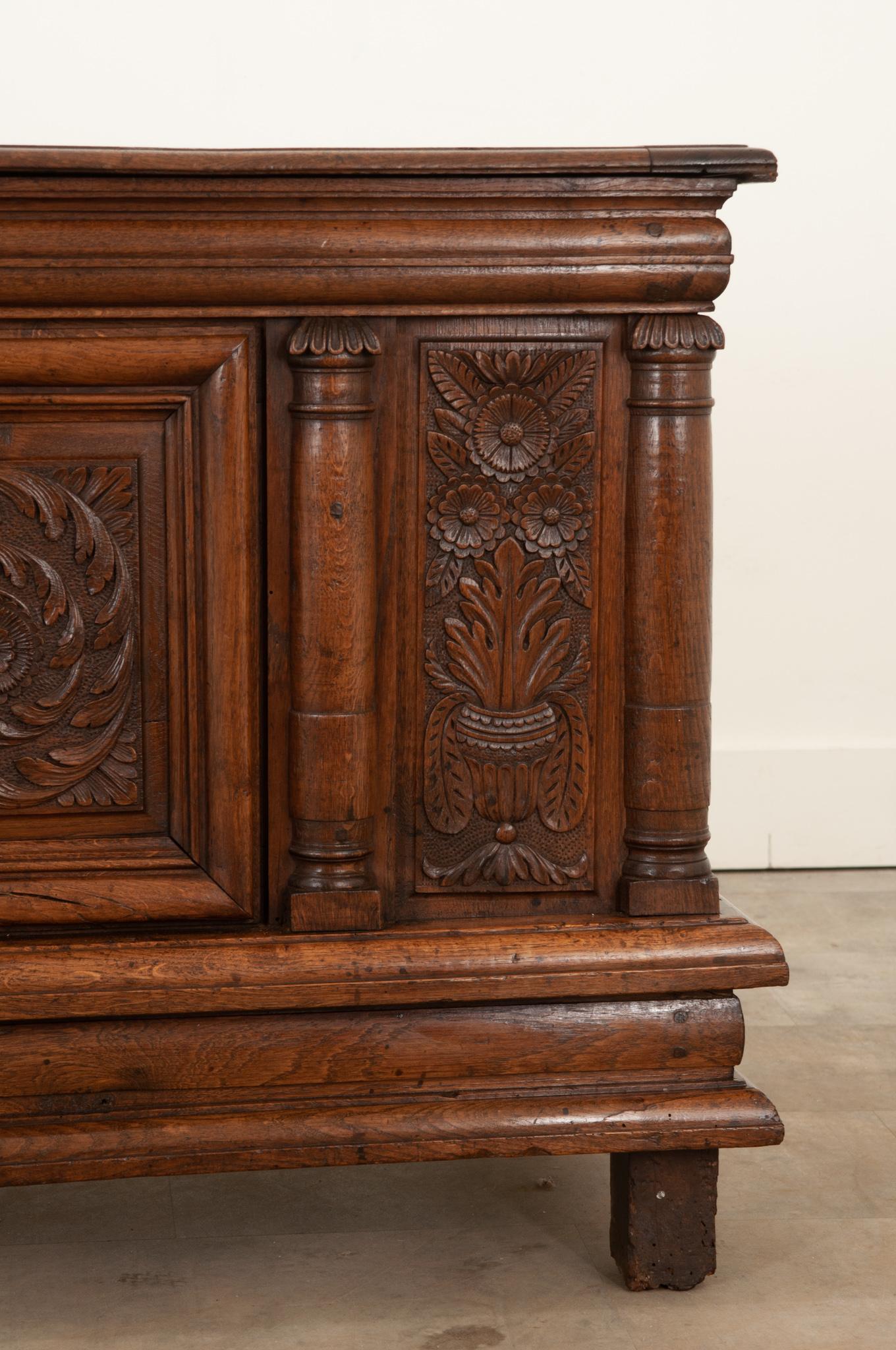 French 18th Century Solid Carved Oak Coffer In Good Condition For Sale In Baton Rouge, LA
