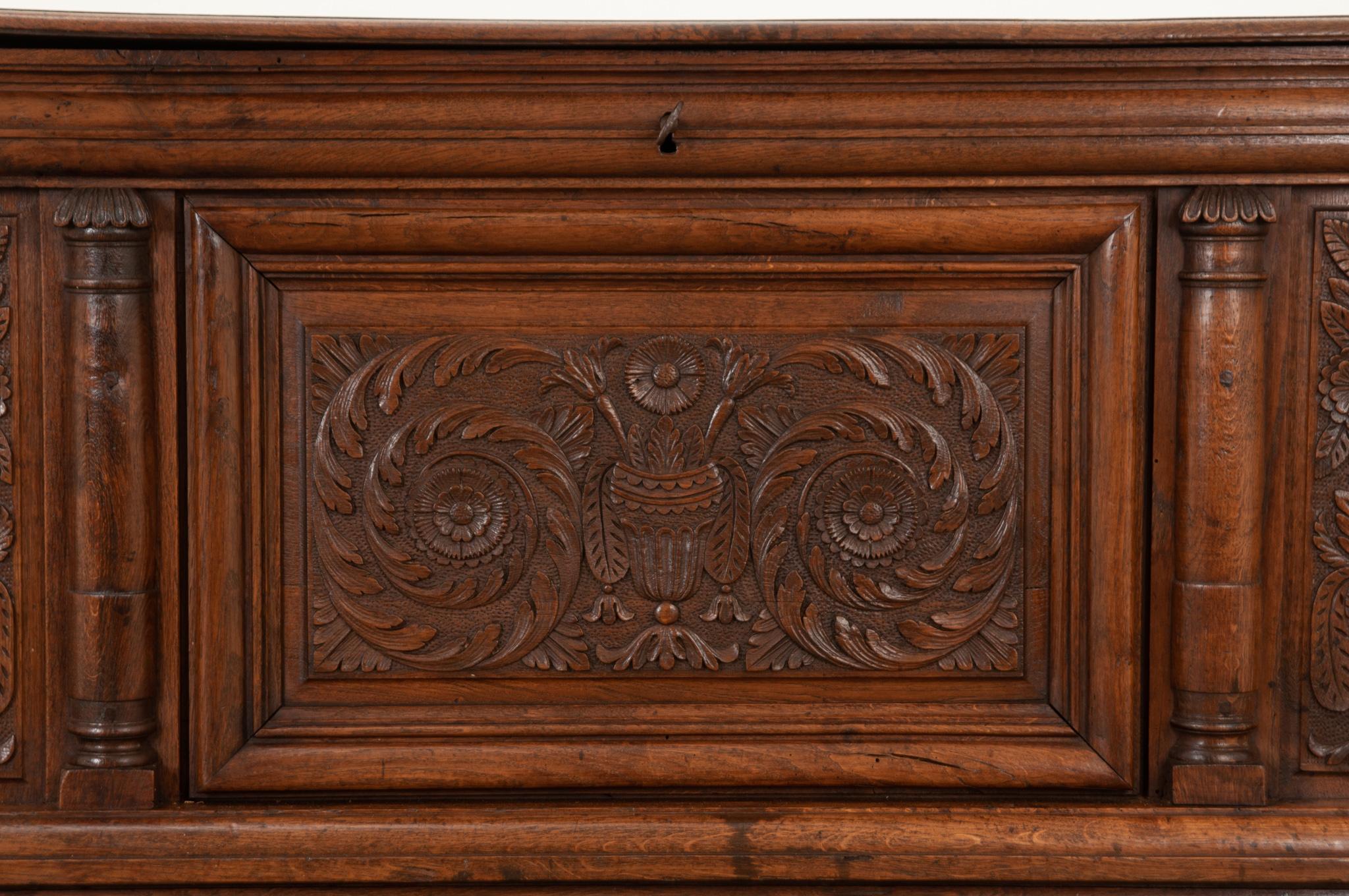 18th Century and Earlier French 18th Century Solid Carved Oak Coffer For Sale
