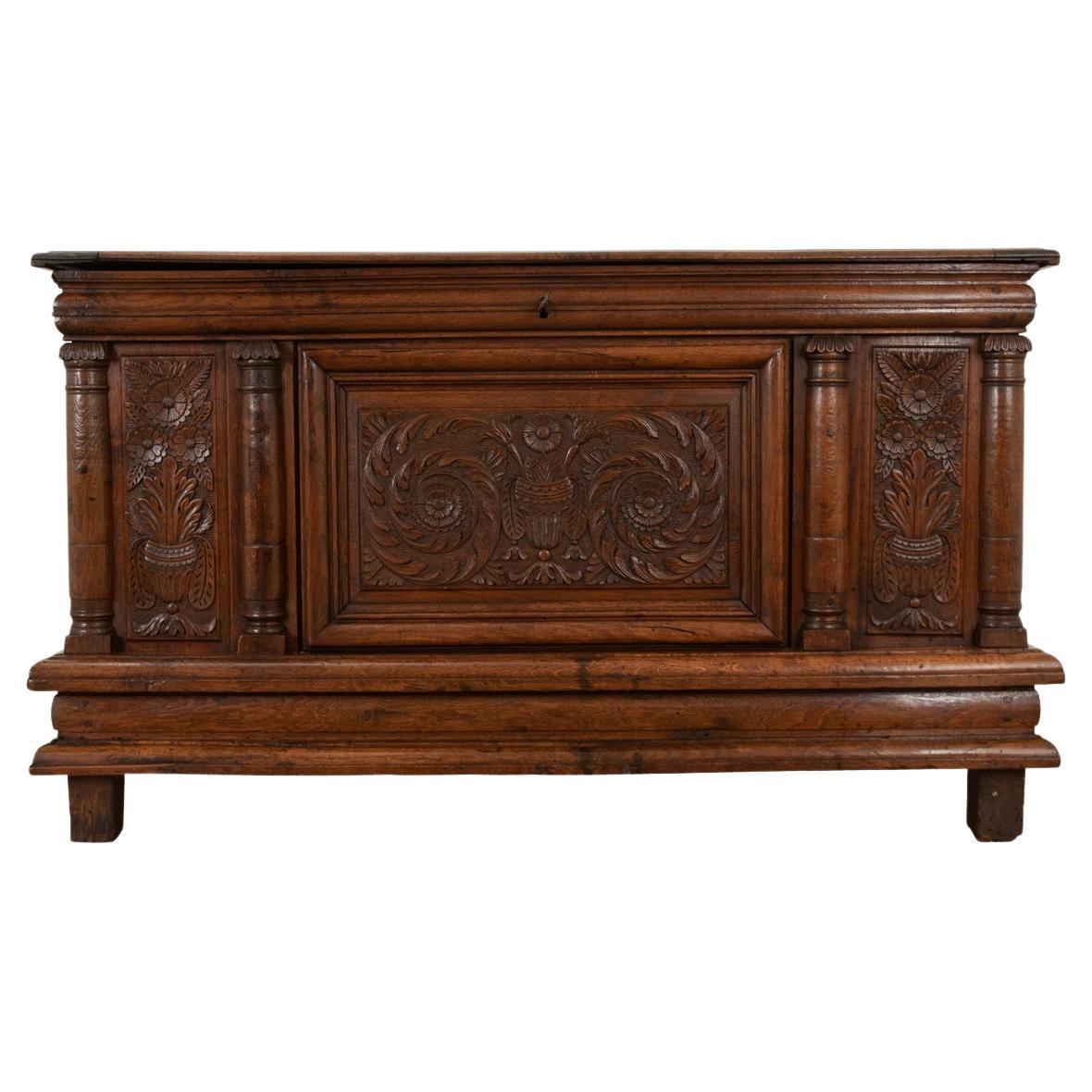 French 18th Century Solid Carved Oak Coffer For Sale