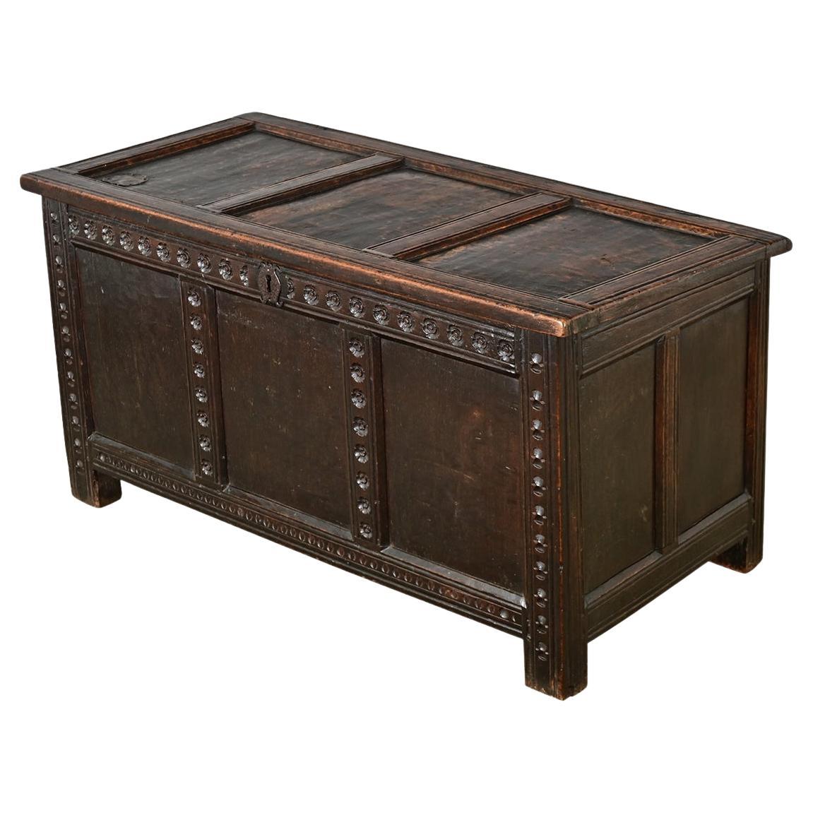 French 18th Century Solid Oak Carved Coffer