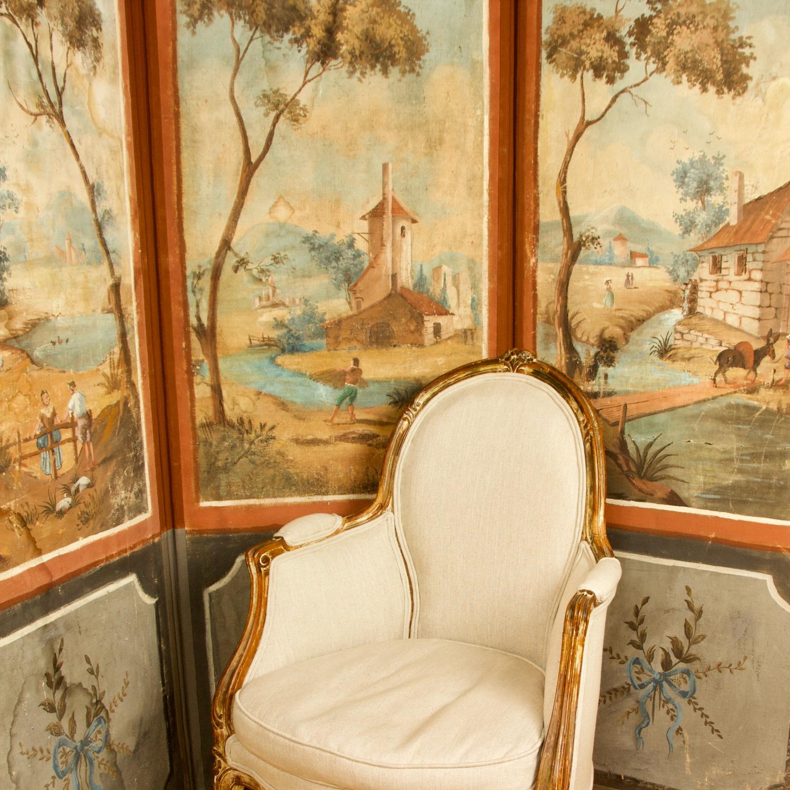 French 18th Century Southern Landscapes Three-Leaf Folding Screen or Paravent

Charming French late 18th century three-leaf screen or paravent made of hand painted burlap on wooden frames connected and held together by cloth: each leaf comprising