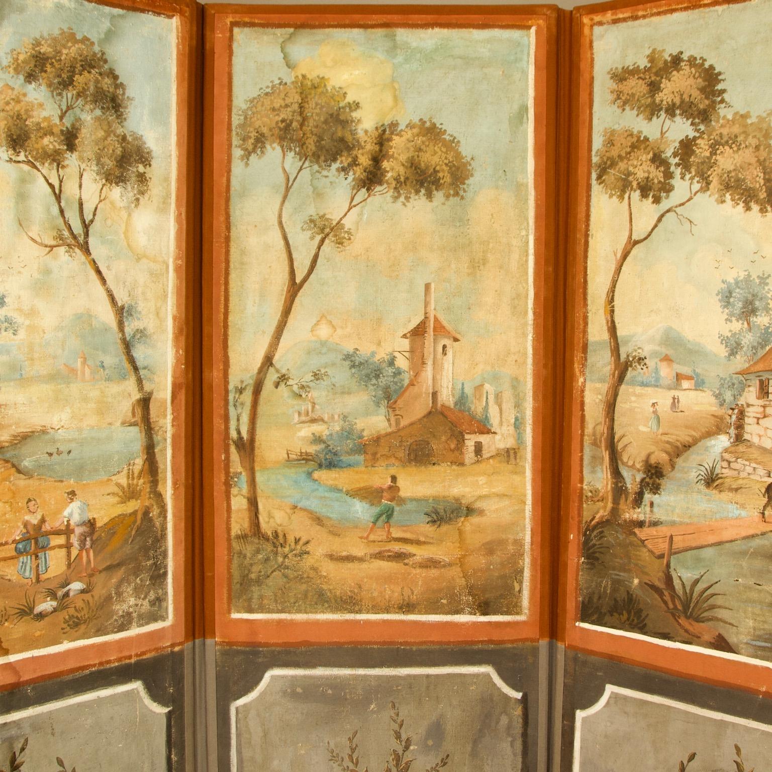Hand-Painted French 18th Century Southern Landscapes Three-Leaf Folding Screen or Paravent