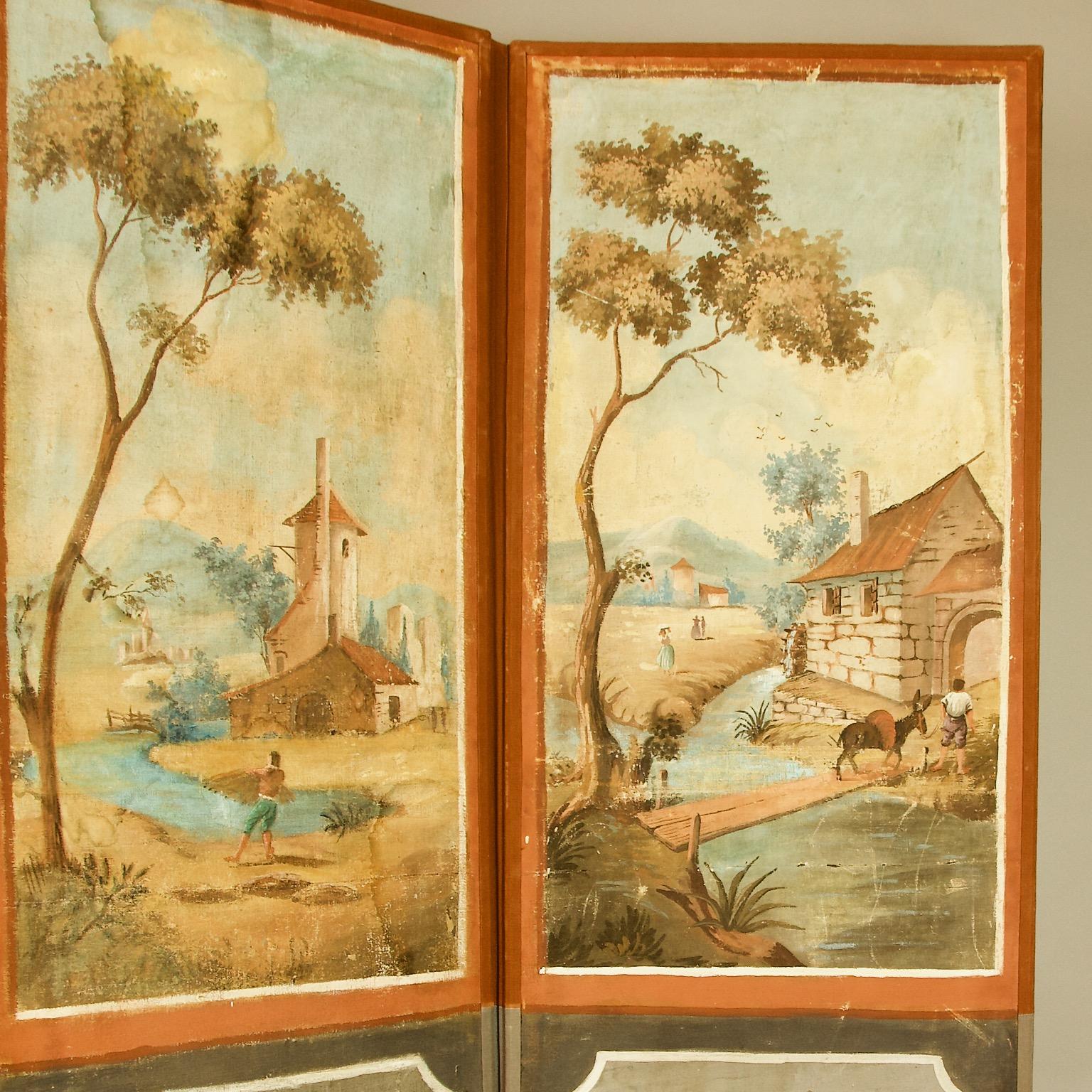 French 18th Century Southern Landscapes Three-Leaf Folding Screen or Paravent In Fair Condition In Berlin, DE