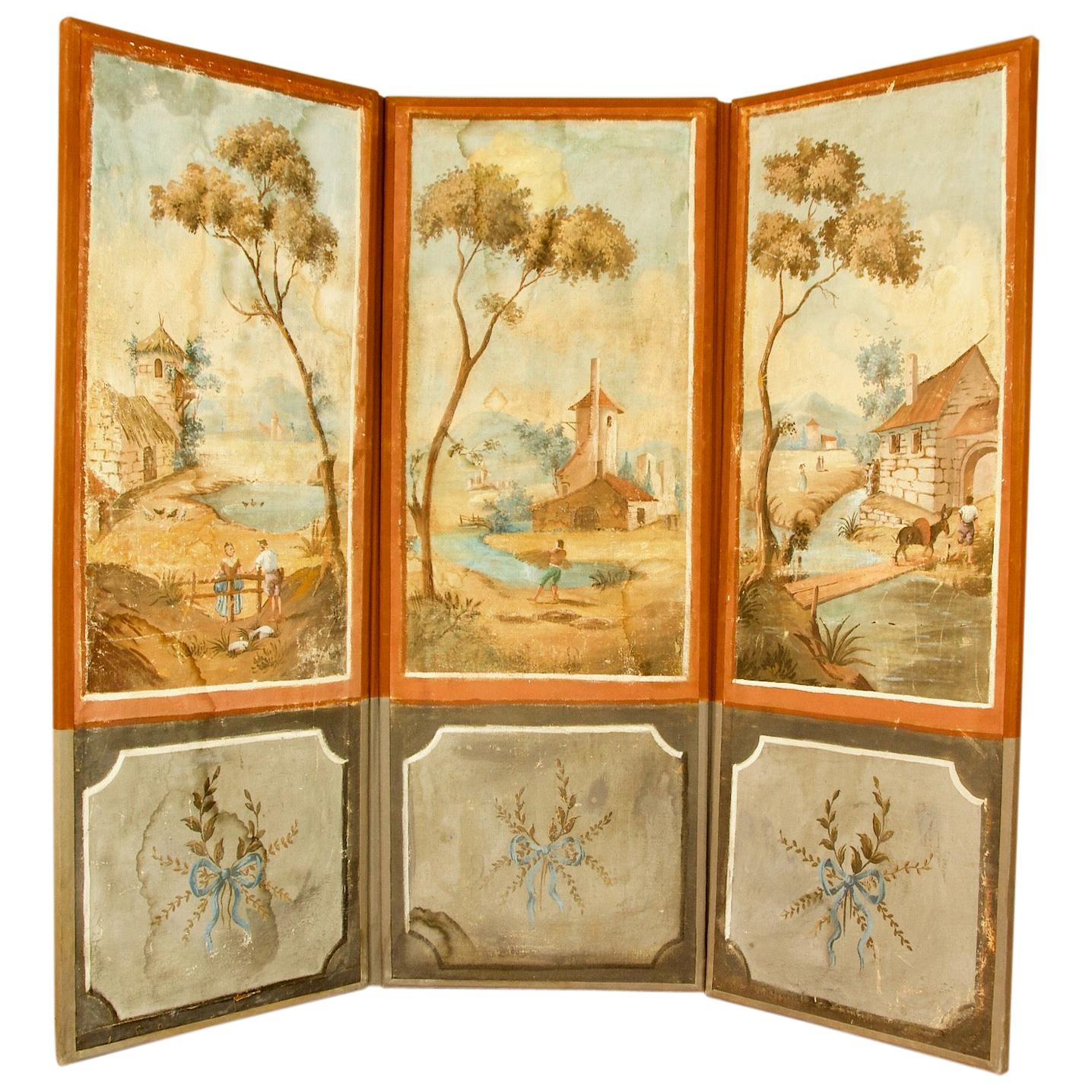 French 18th Century Southern Landscapes Three-Leaf Folding Screen or Paravent