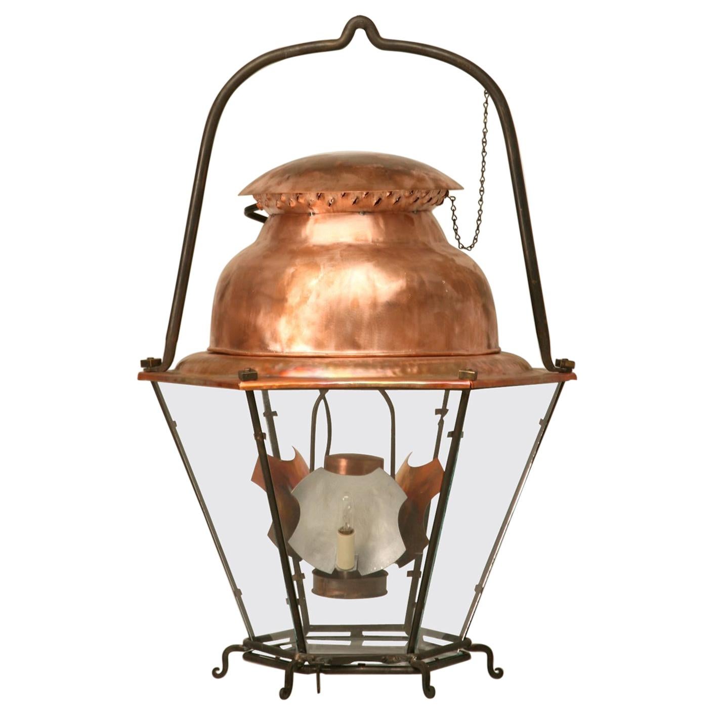 French 18th Century Style Copper Lantern with Hand Blown Glass Panes