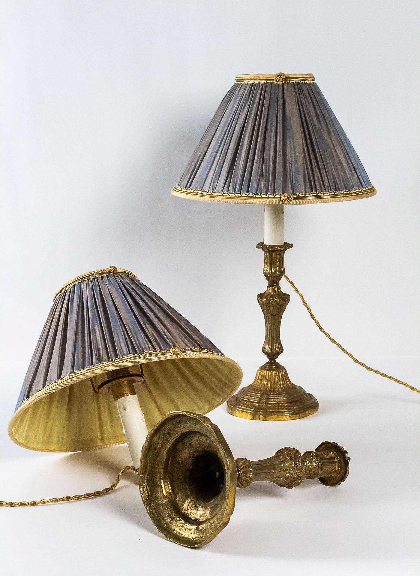 French 18th Century Style Pair of Gilt-Bronze Candlestick Lamps 5