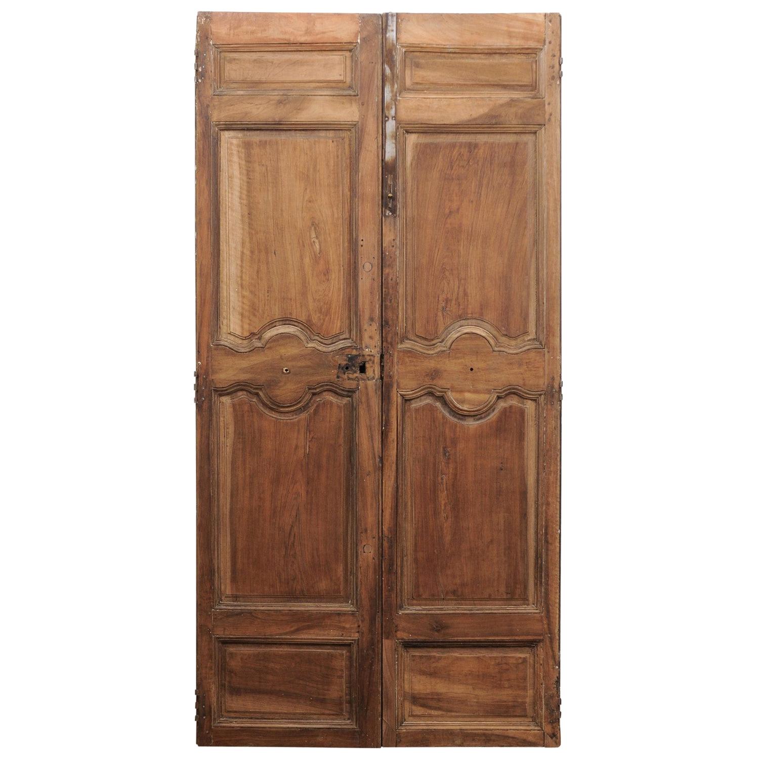 French 18th Century Tall Carved Walnut Double Doors with Molded Panels