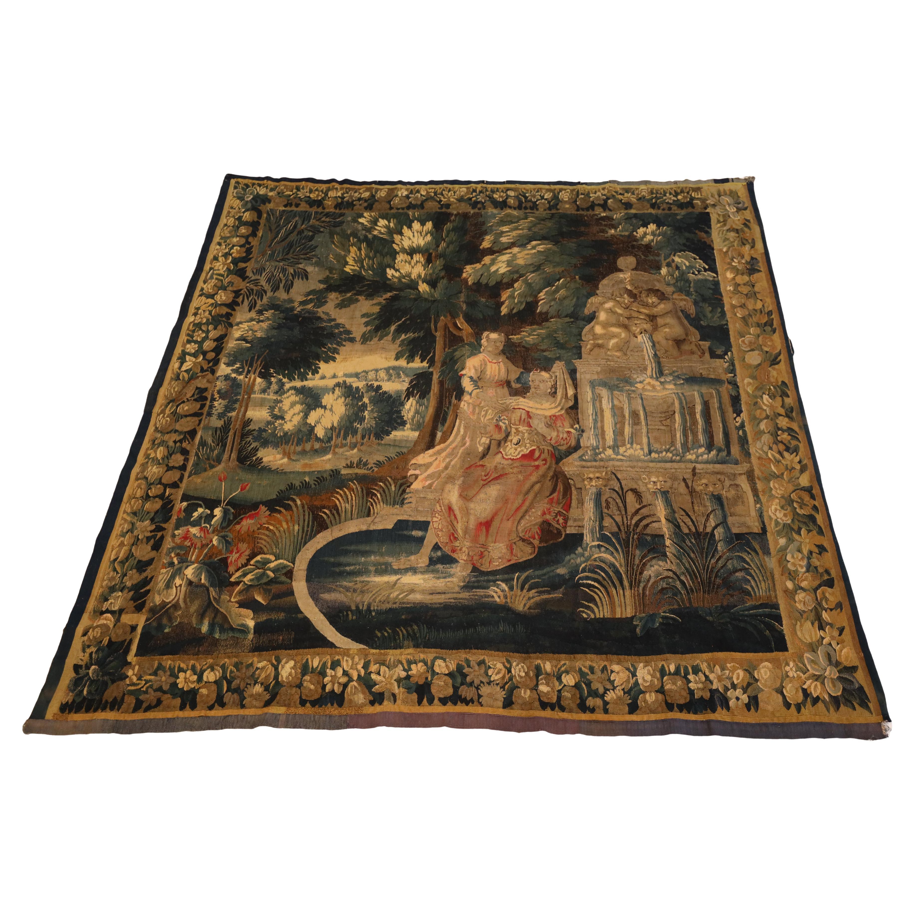 Französischer Wandteppich aus dem 18. Jahrhundert, Mutter-Tochter-Familie, 8'5" x 8'9" im Angebot