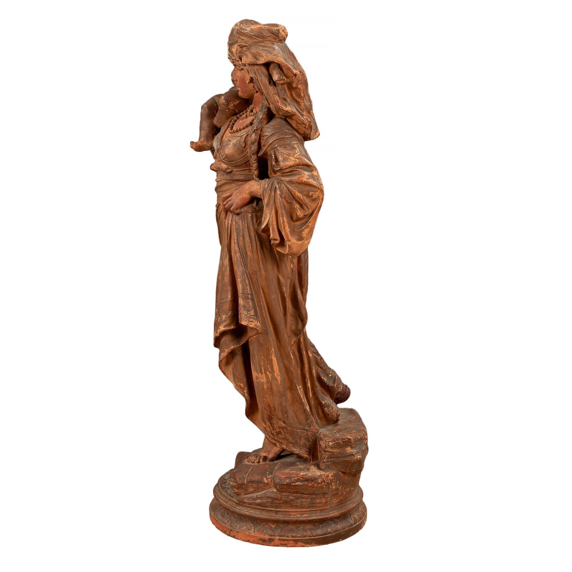 18th Century and Earlier French 18th Century Terra Cotta Signed Statue of Mother and Child For Sale