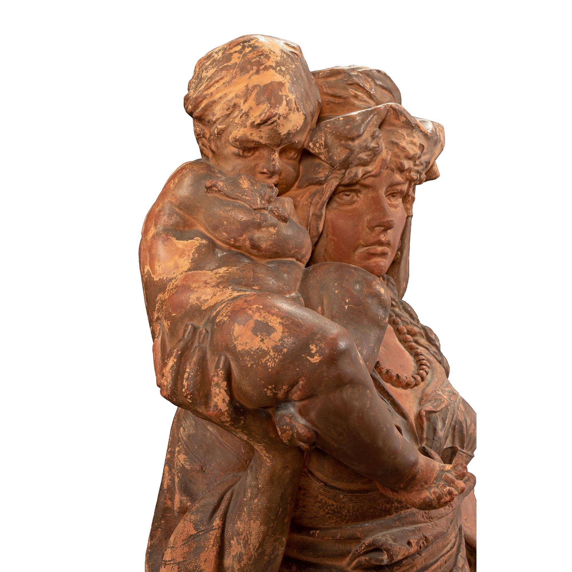 Terracotta French 18th Century Terra Cotta Signed Statue of Mother and Child For Sale