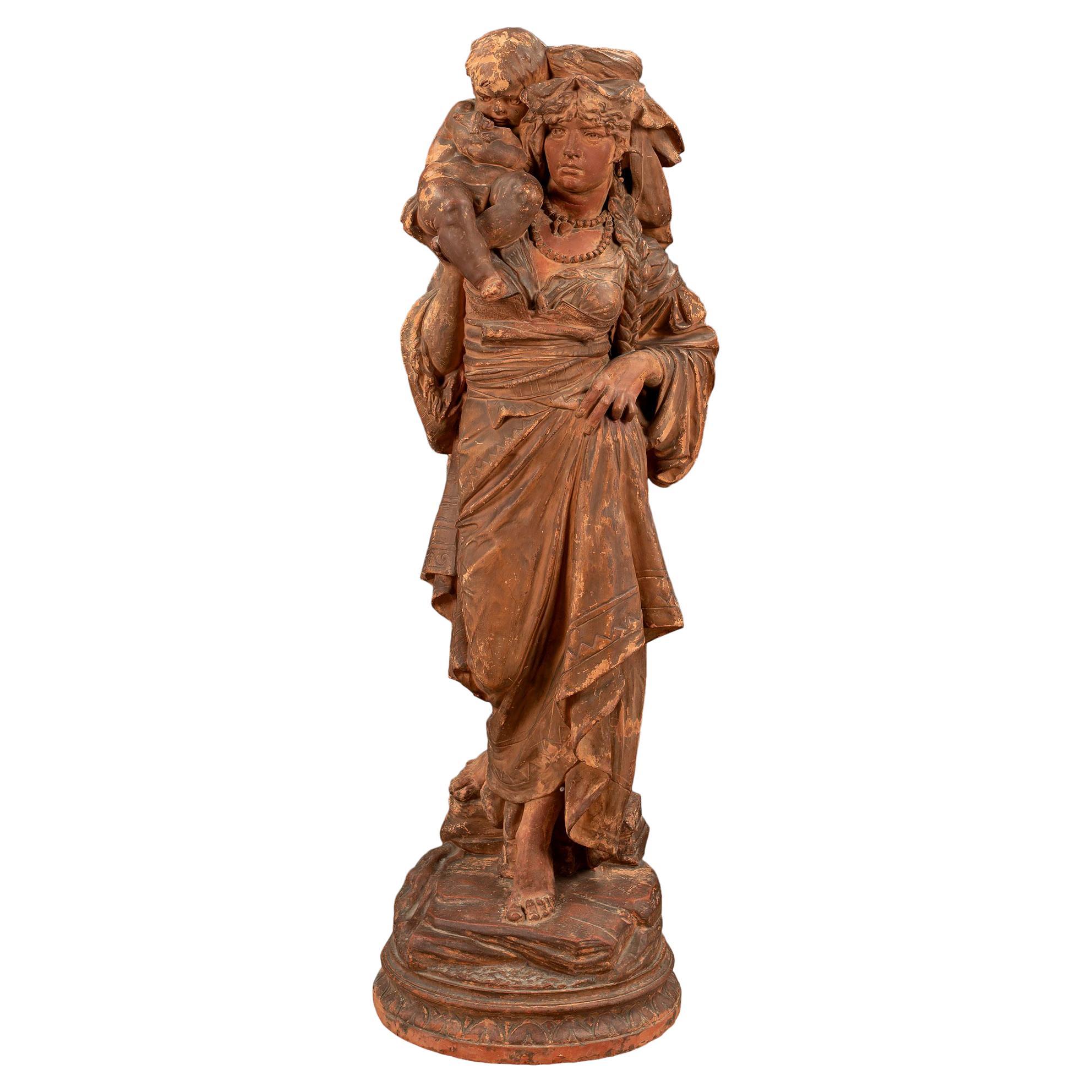 French 18th Century Terra Cotta Signed Statue of Mother and Child For Sale
