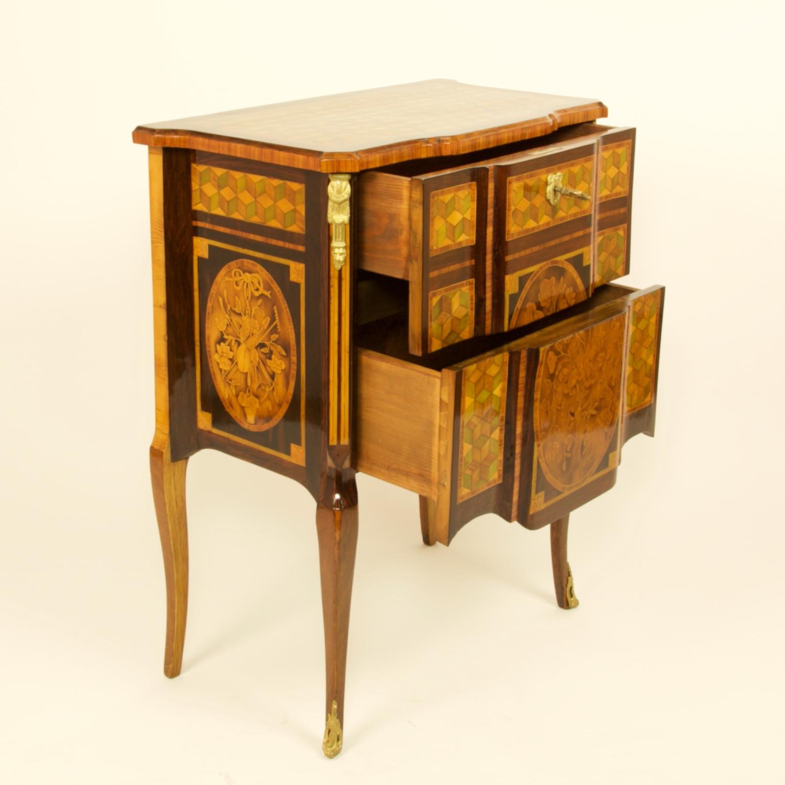 Gilt French 18th Century Transition Louis XVI Marquetry Commode or Sauteuse