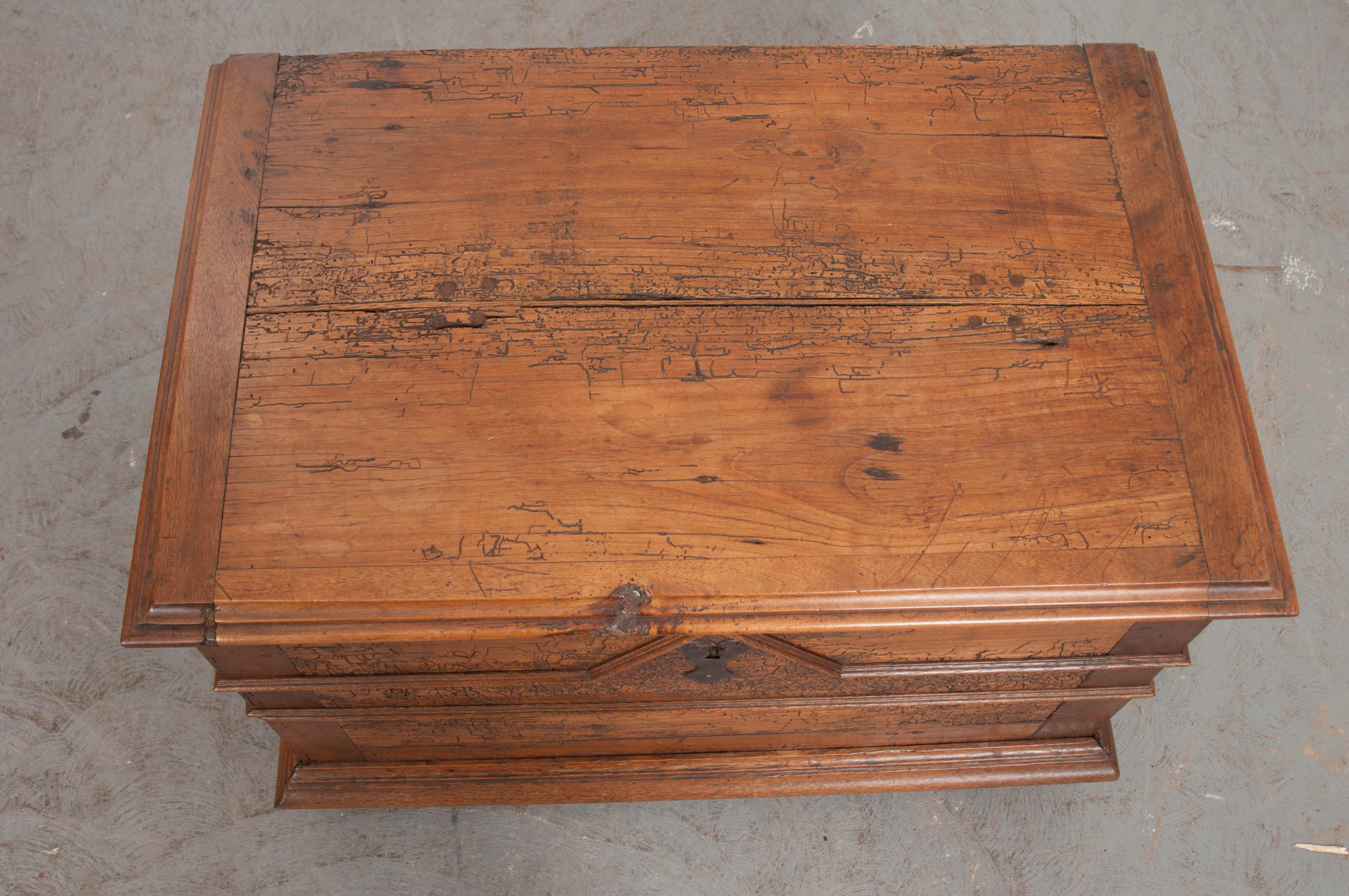 Patinated French 18th Century Transitional Walnut Trunk
