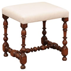 Antique French 18th Century Upholstered Walnut Bench with Turned Legs