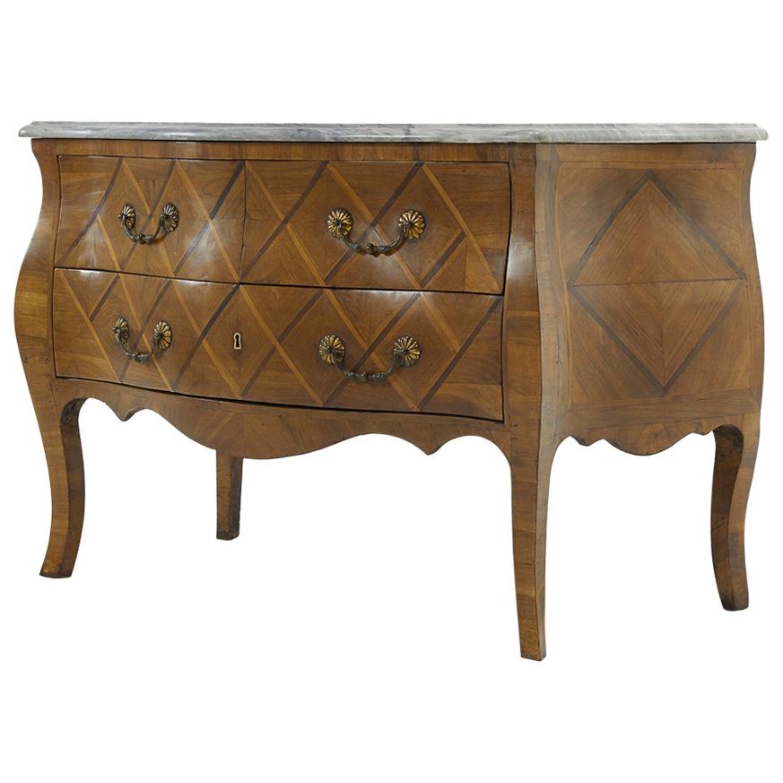 French 18th Century Walnut Bombe Commode with Marble Top