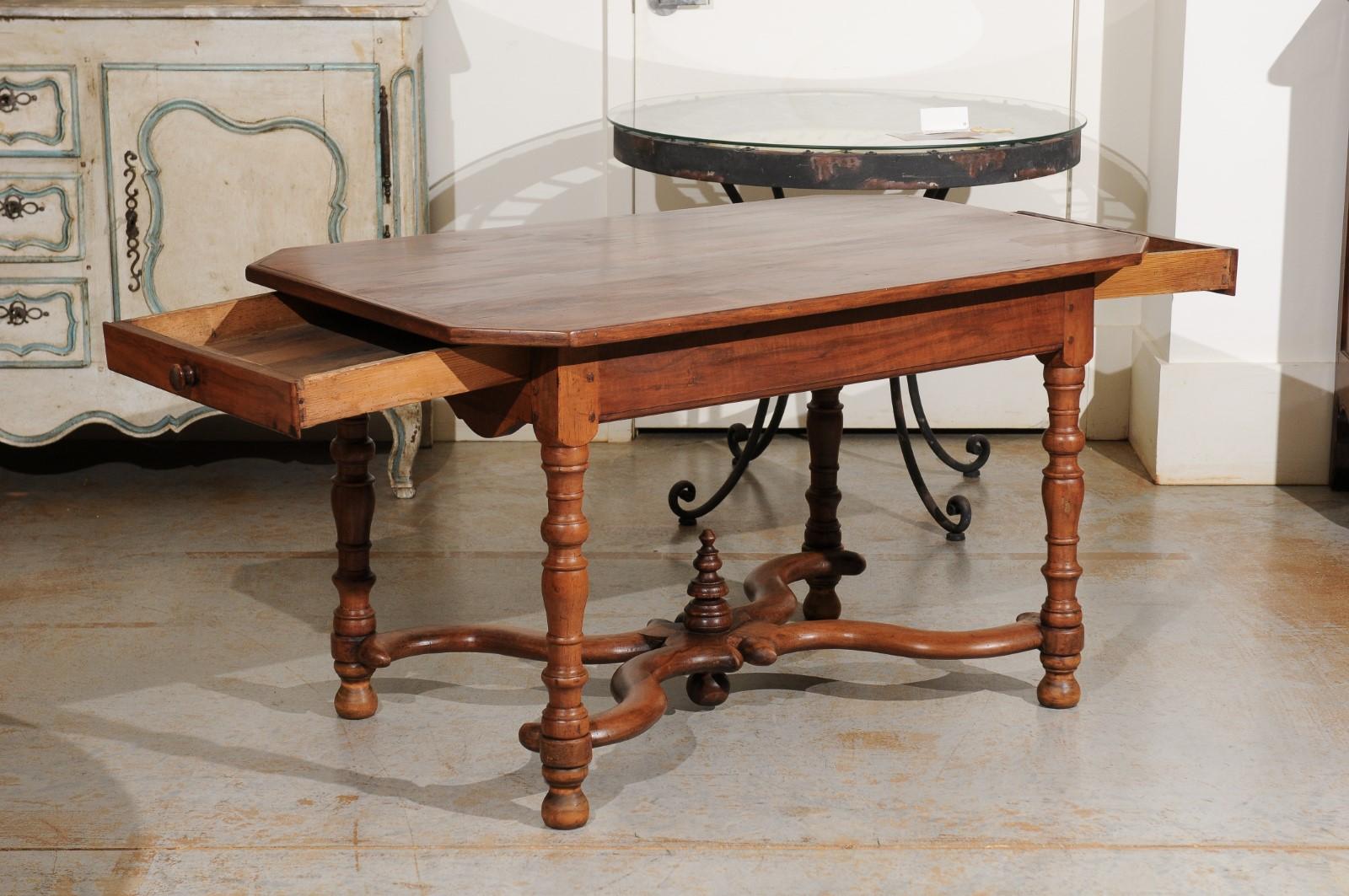 French 18th Century Walnut Side Table with Drawers and X-Form Cross Stretcher In Good Condition In Atlanta, GA
