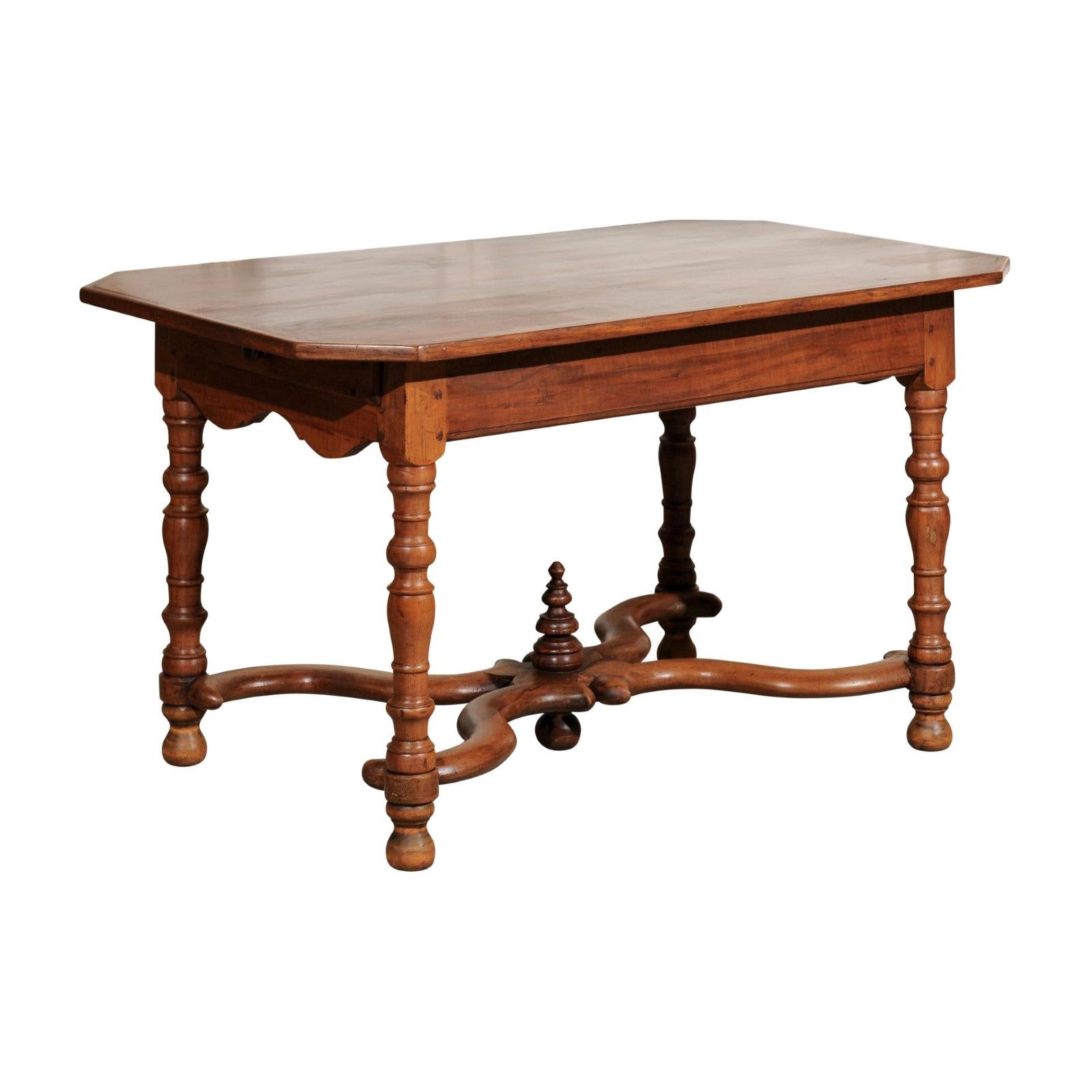 French 18th Century Walnut Side Table with Drawers and X-Form Cross Stretcher