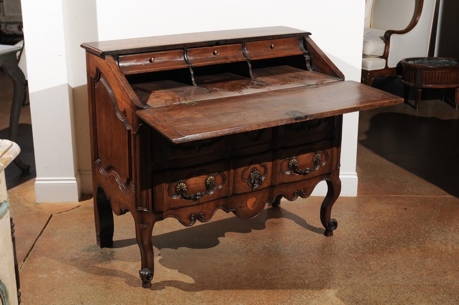 Louis XV French 18th Century Walnut Slant-Front Desk on Three-Drawer Commode en Arbalète