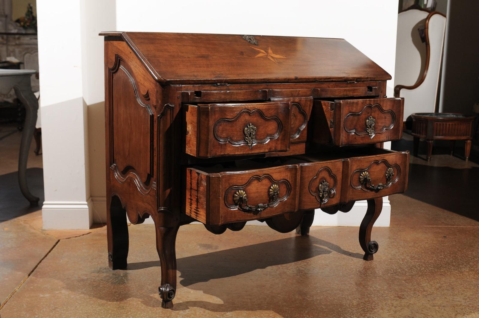 18th Century and Earlier French 18th Century Walnut Slant-Front Desk on Three-Drawer Commode en Arbalète