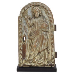 Used French 18th Century Wooden Tabernacle Door Depicting Christ / Salvator Mundi