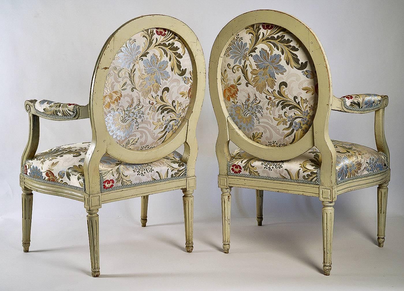 French 18th-Century, Lacquered Wood Pair of Large Armchairs Louis XVI Period For Sale 6
