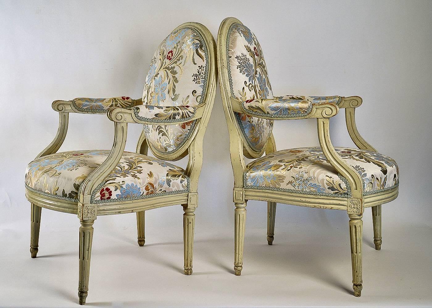 French 18th-Century, Lacquered Wood Pair of Large Armchairs Louis XVI Period For Sale 7