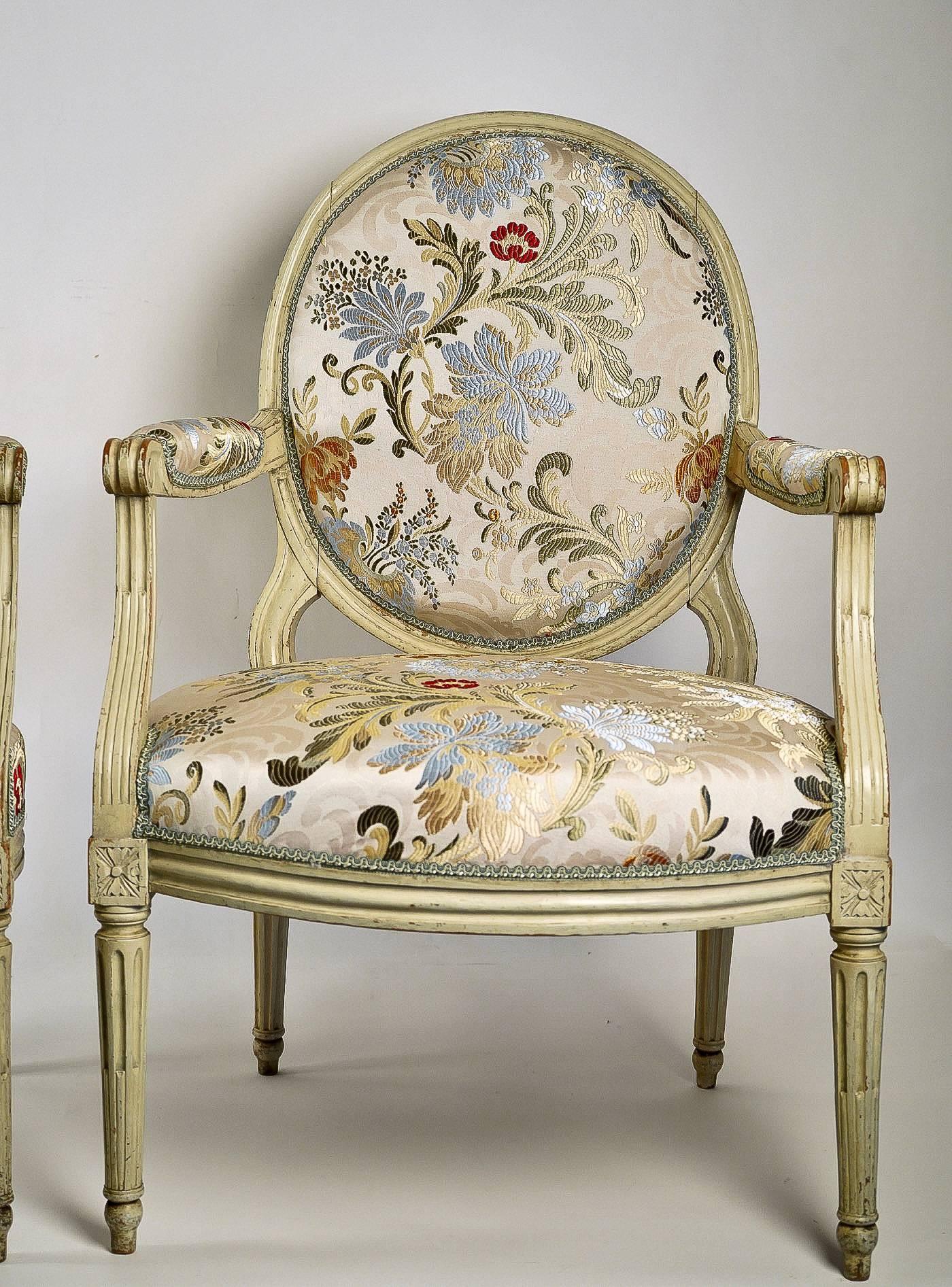 French 18th-Century, Lacquered Wood Pair of Large Armchairs Louis XVI Period For Sale 1