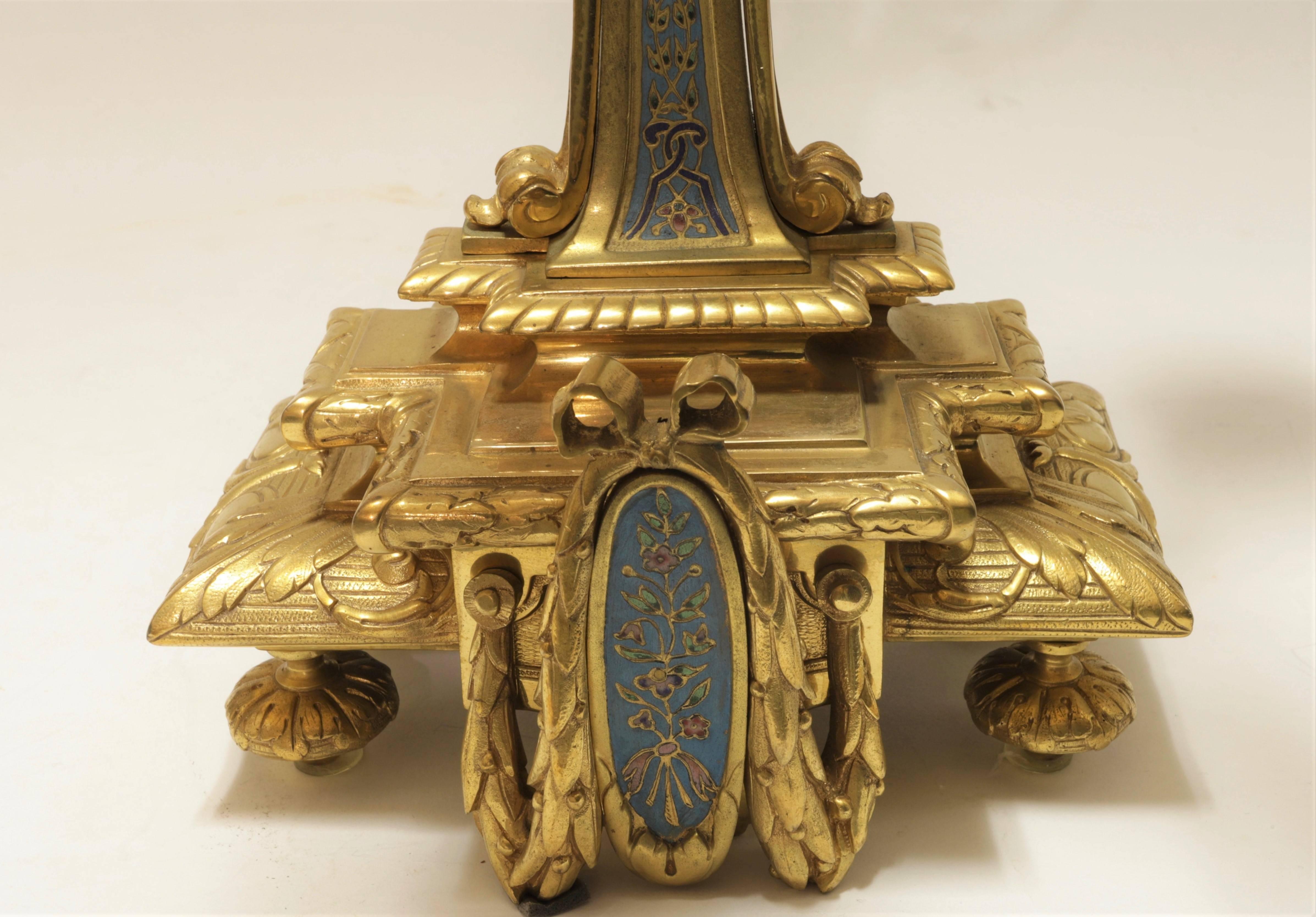 French 19th Century Bronze and Champlevé Enamel Clock Set In Good Condition In New York, NY