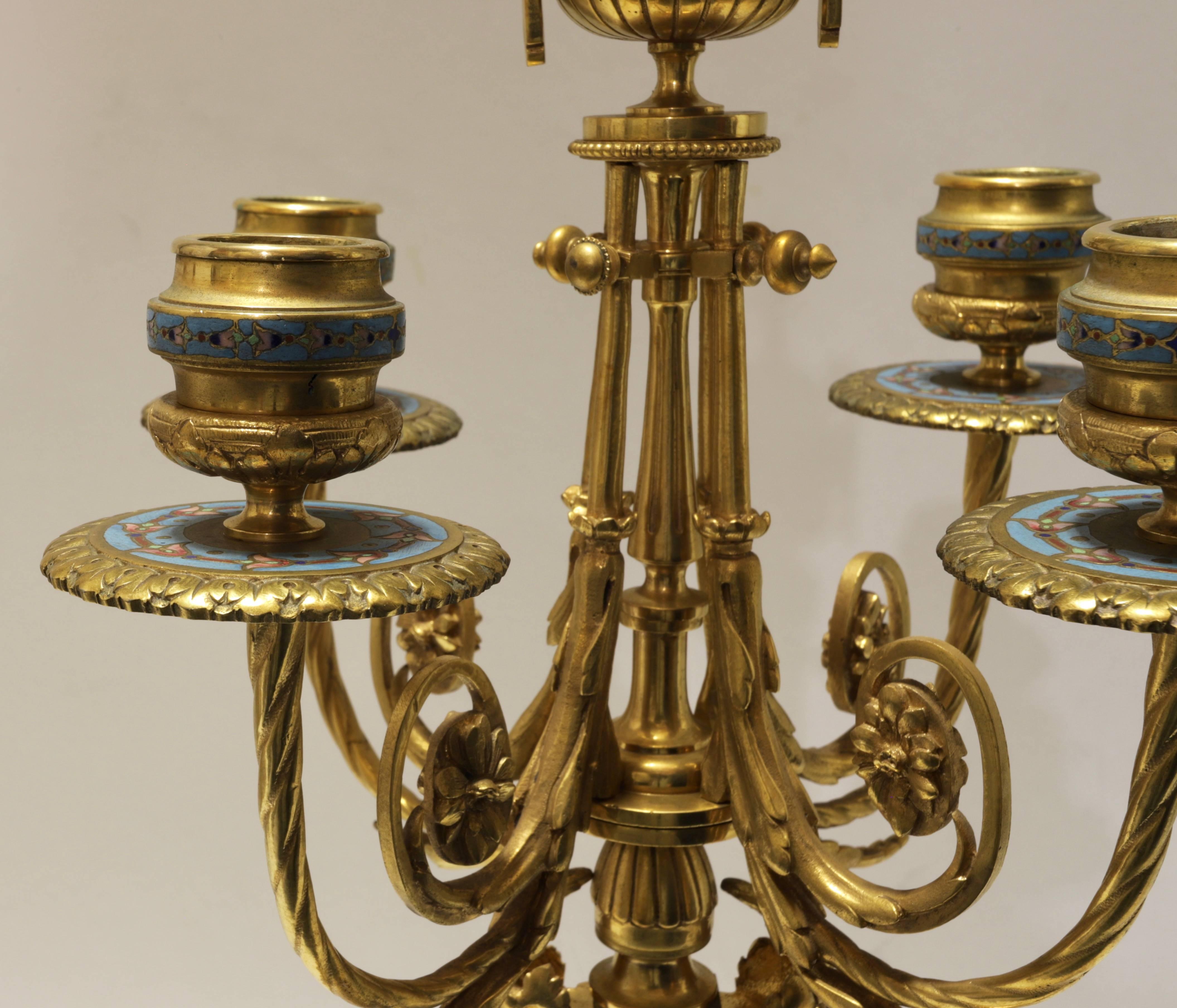 Late 19th Century French 19th Century Bronze and Champlevé Enamel Clock Set
