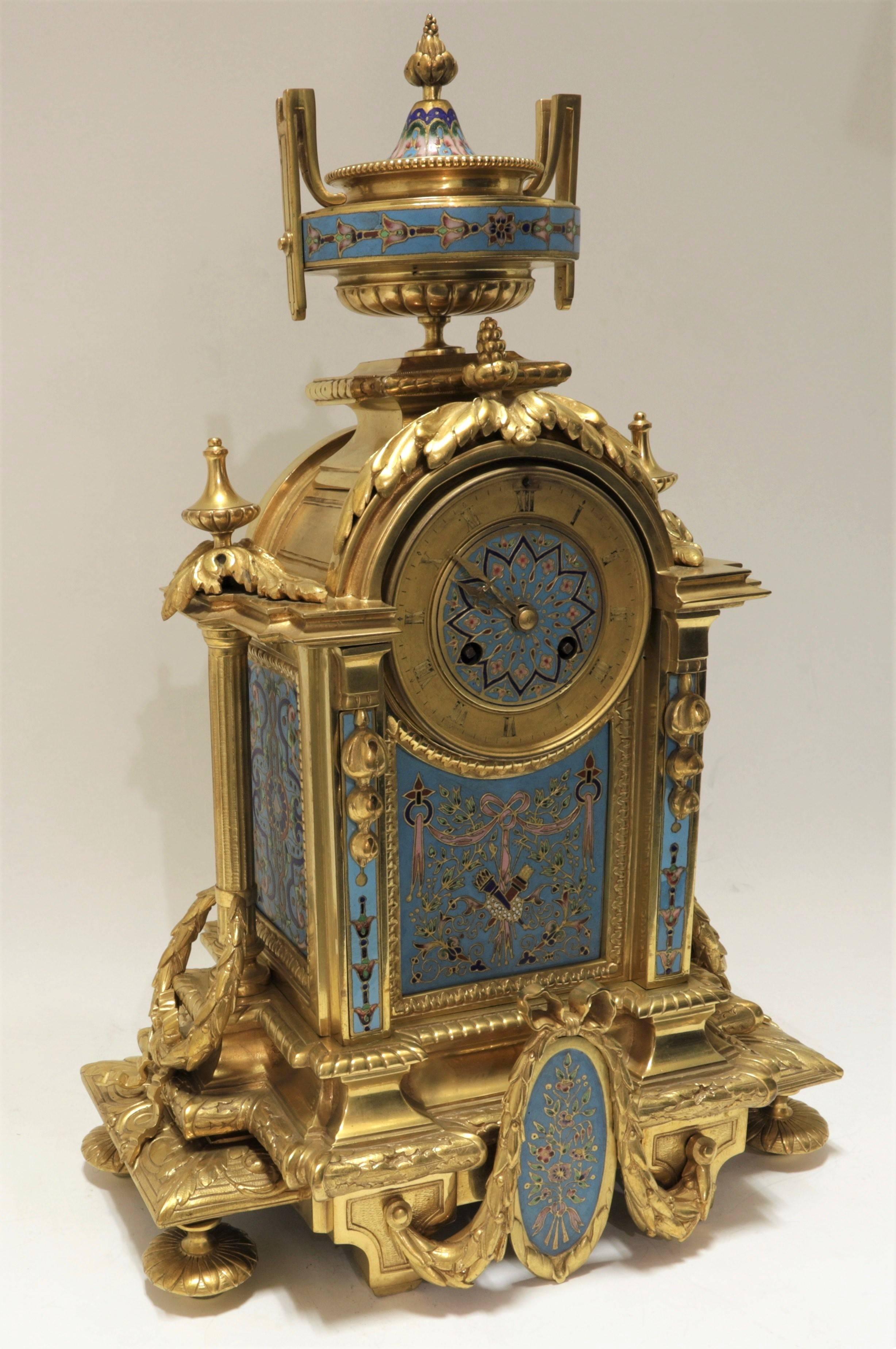 French 19th Century Bronze and Champlevé Enamel Clock Set 3