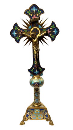 French 19th Century Champleve Enameled Bronze Crucifix