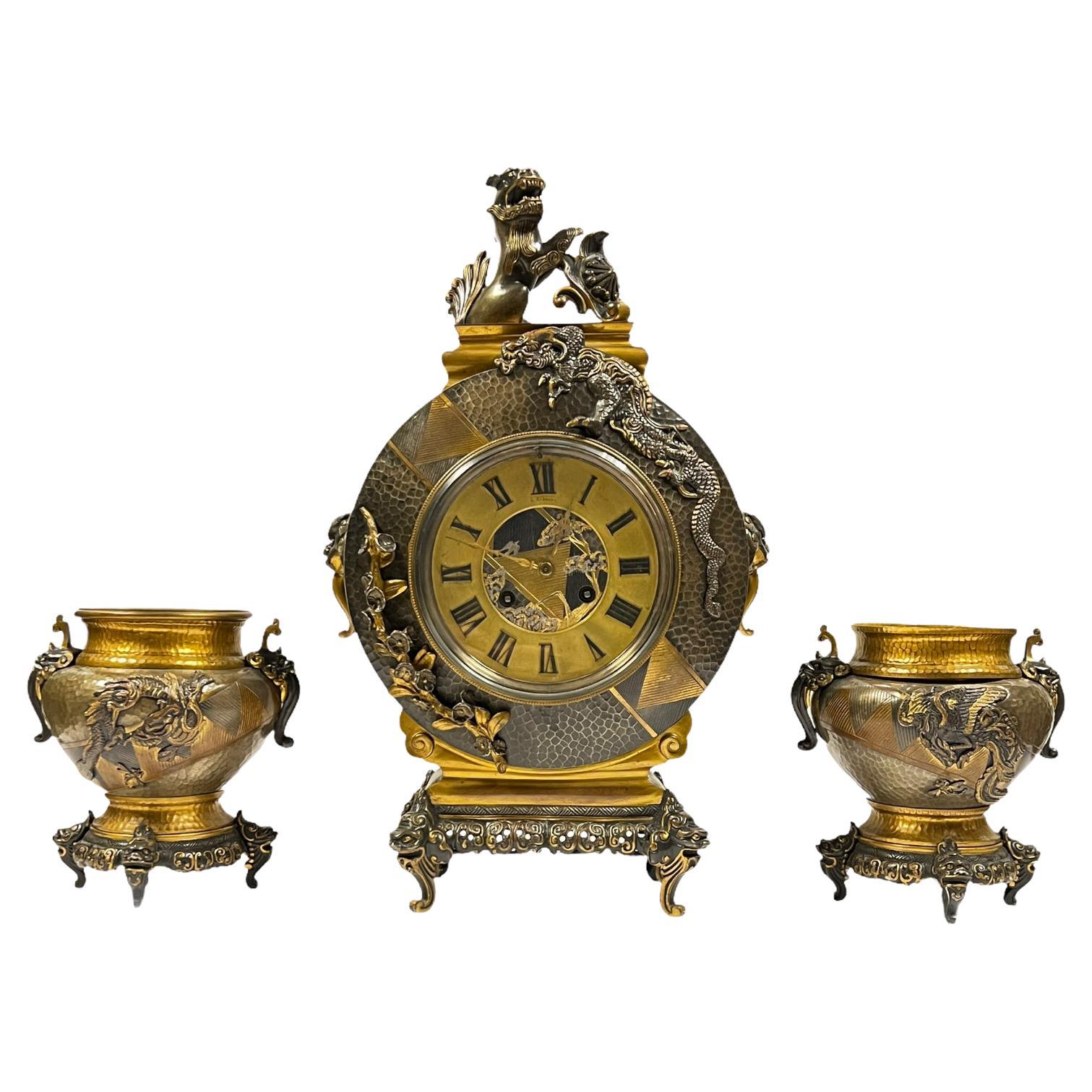 French 19 Century Chinoiserie Bronze Clock Garniture