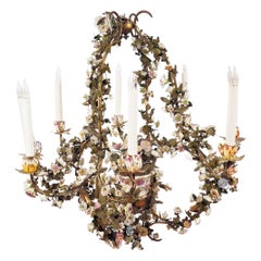 Antique French 19 Century Floral Porcelain Encrusted Tole and Bronze Chandelier