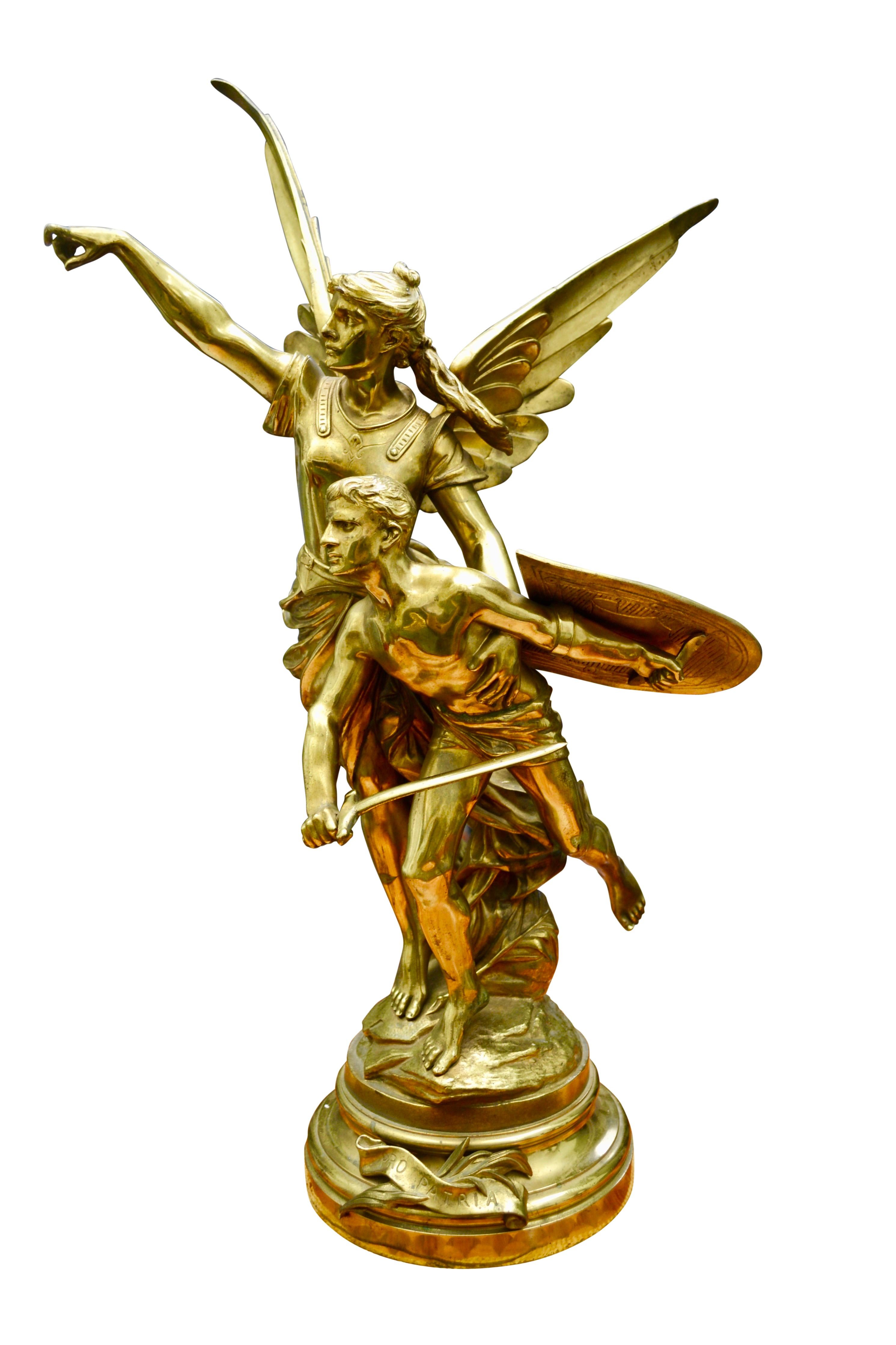 Romantic French 19 Century Gilt Bronze Figural Group Titled Pro Patria by Edouard Drouot For Sale