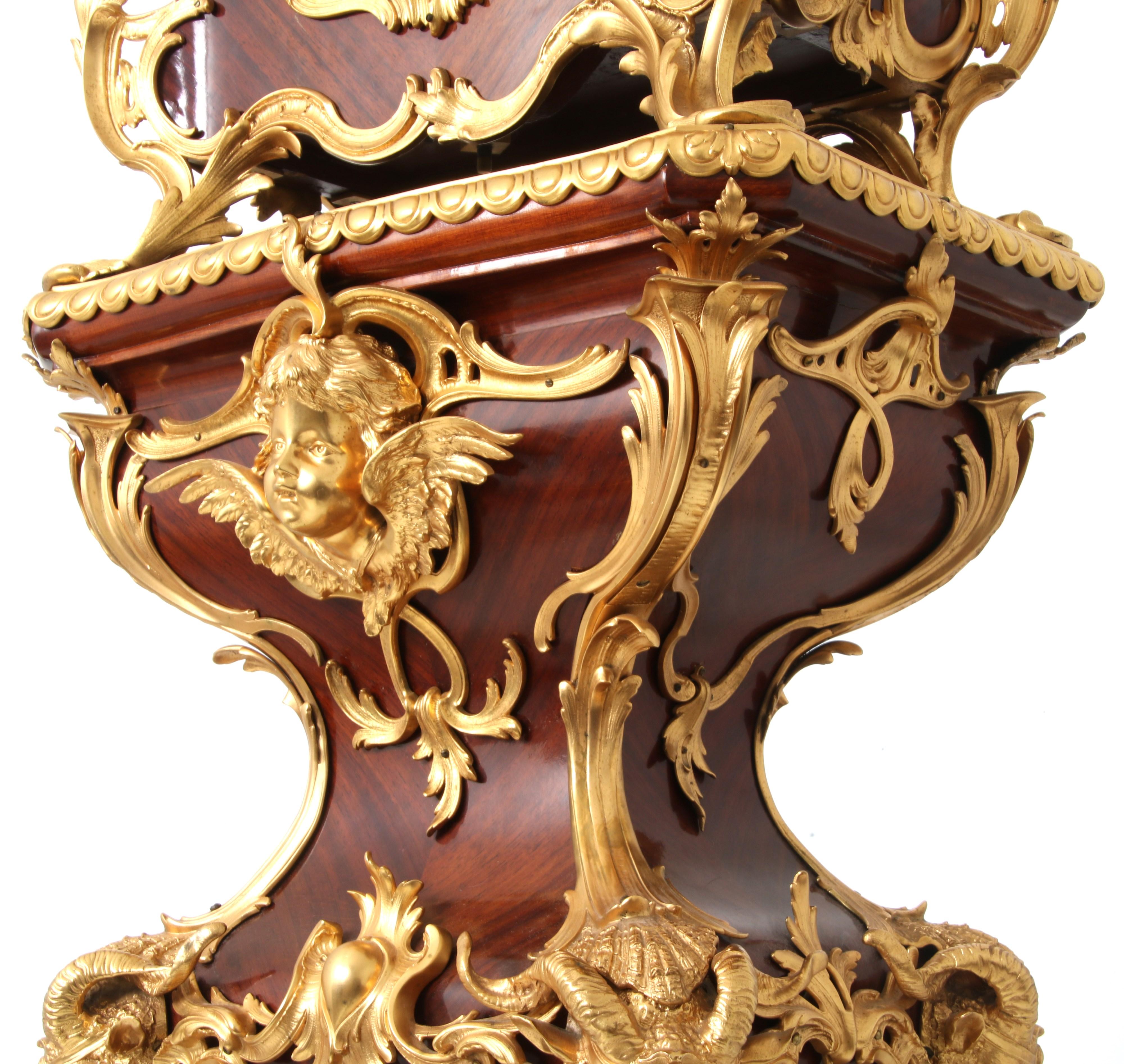 19th Century Louis XV Style Gilt Bronze Mounted Mahogany Clock on Pedestal In Good Condition For Sale In New York, NY