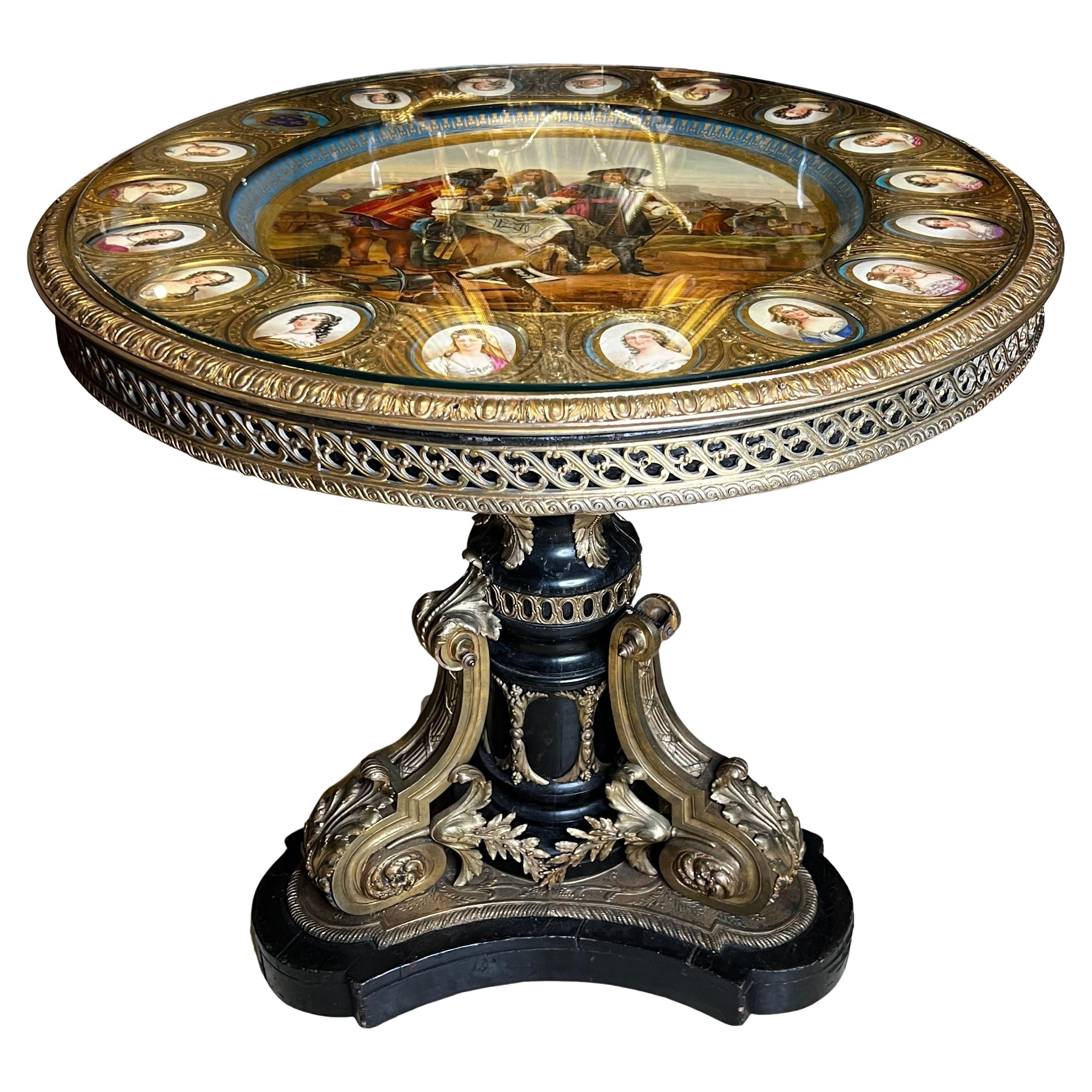 French 19 Century Louis XVI Style Gilt Bronze and Serves Porcelain Center Table