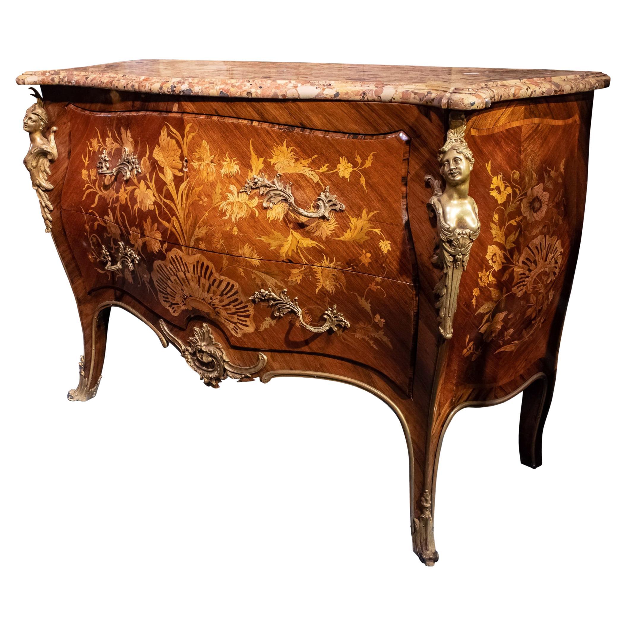 French 19 Century Louis XVI Style Marquetry Inlaid Gilt Bronze-Mounted Commode 