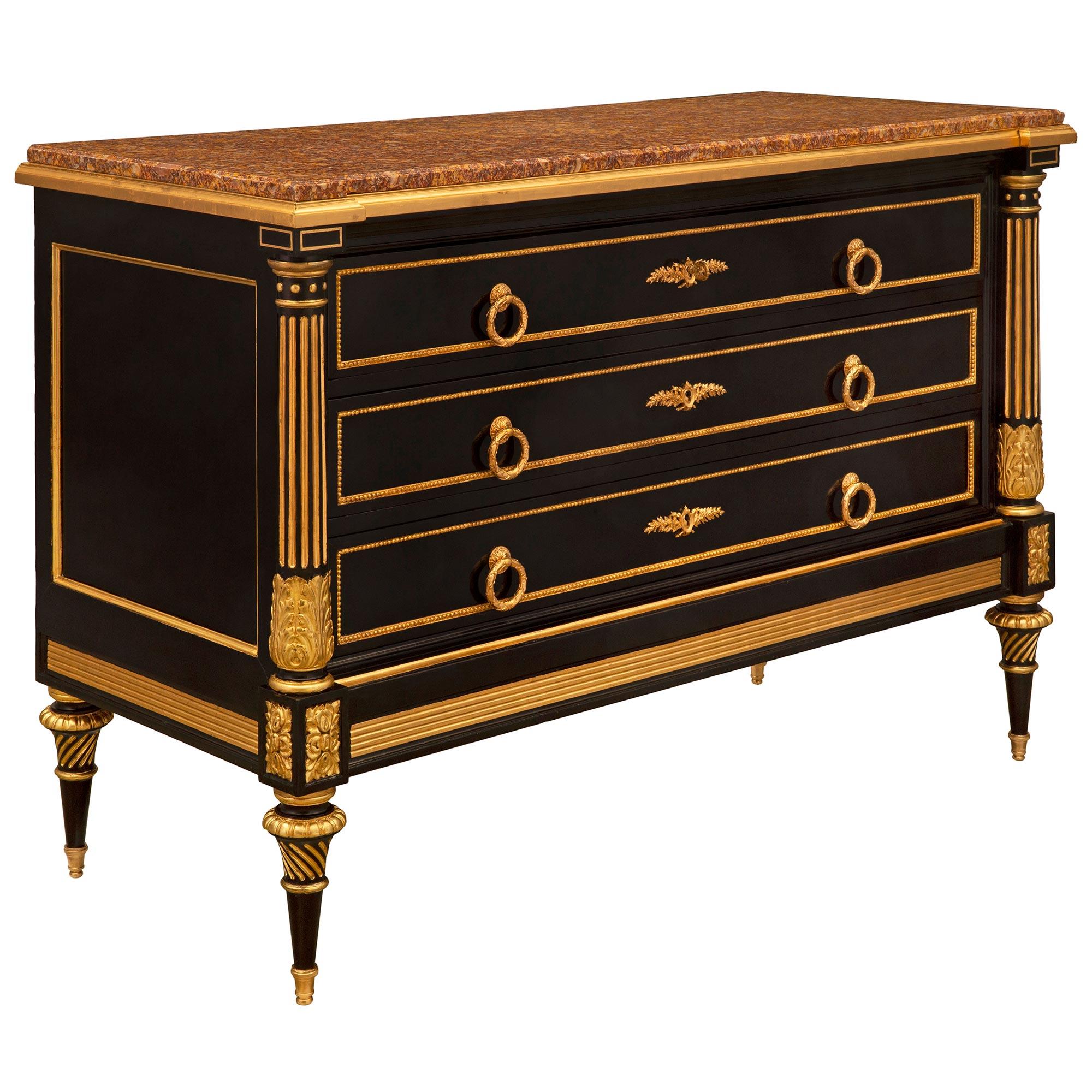 French 19th Century Napoleon III Period Ebony Ormolu Gilt Metal & Marble Commode In Good Condition For Sale In West Palm Beach, FL