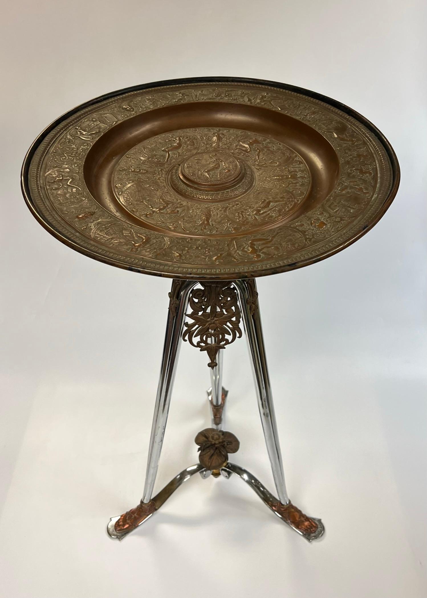 French 19 century Neoclassical Round Bronze and Chrome Tripod Stand For Sale 12
