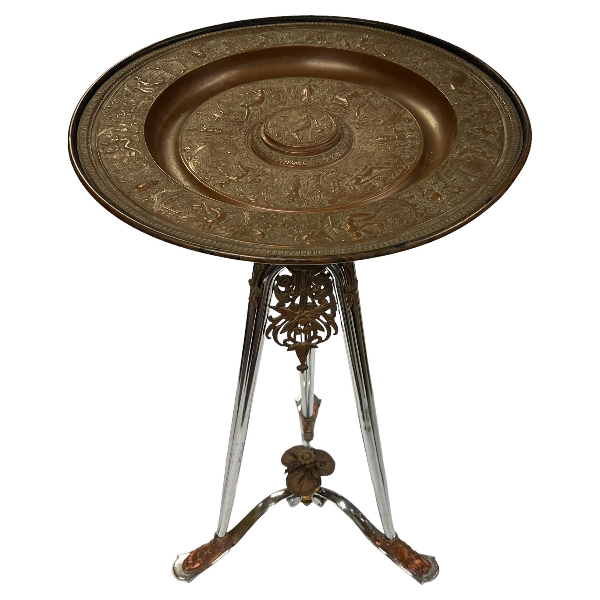 French 19 century Neoclassical Round Bronze and Chrome Tripod Stand For Sale