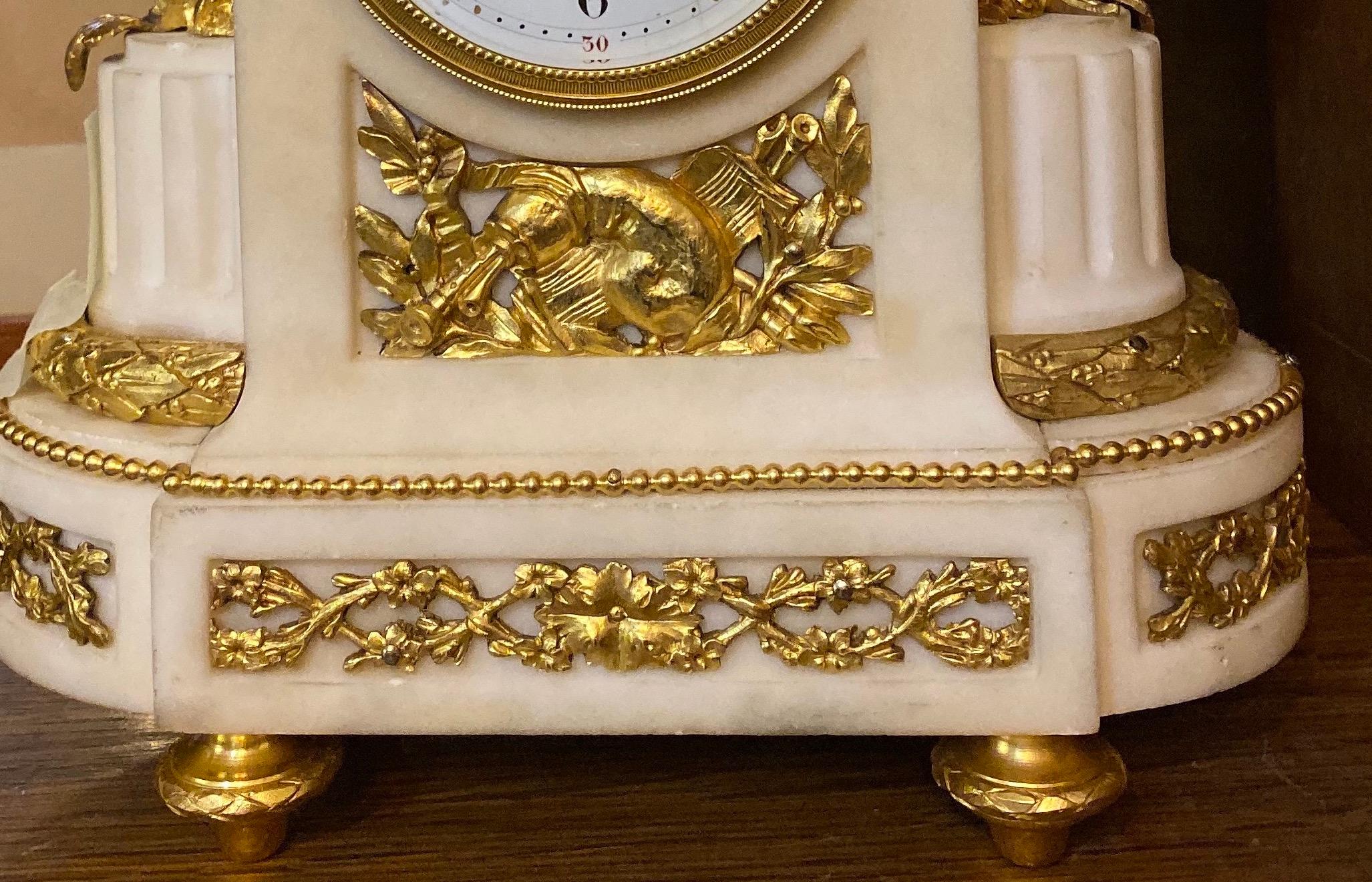 French 19th Century Ormolu White Marble Mantel Clock 2