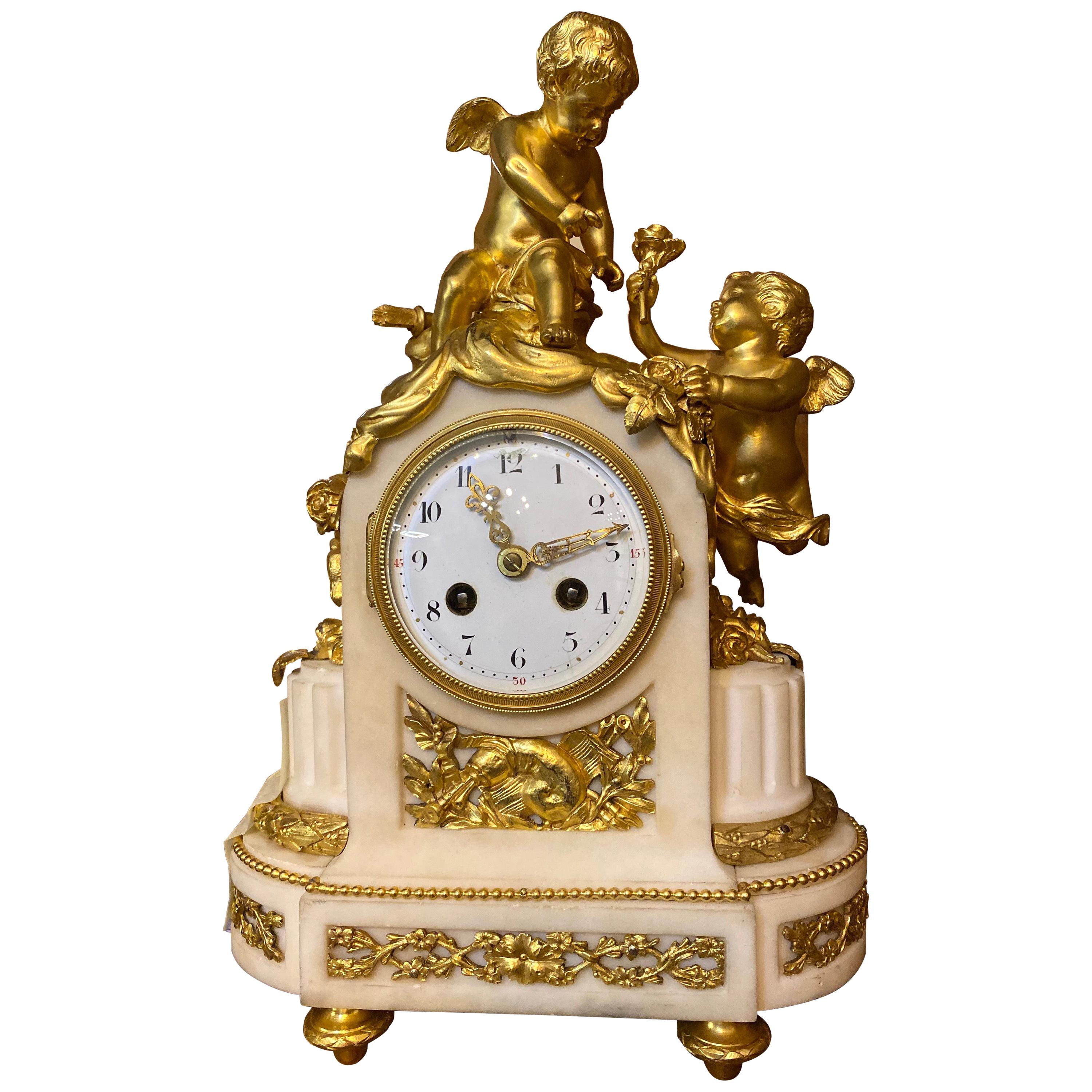 French 19th Century Ormolu White Marble Mantel Clock