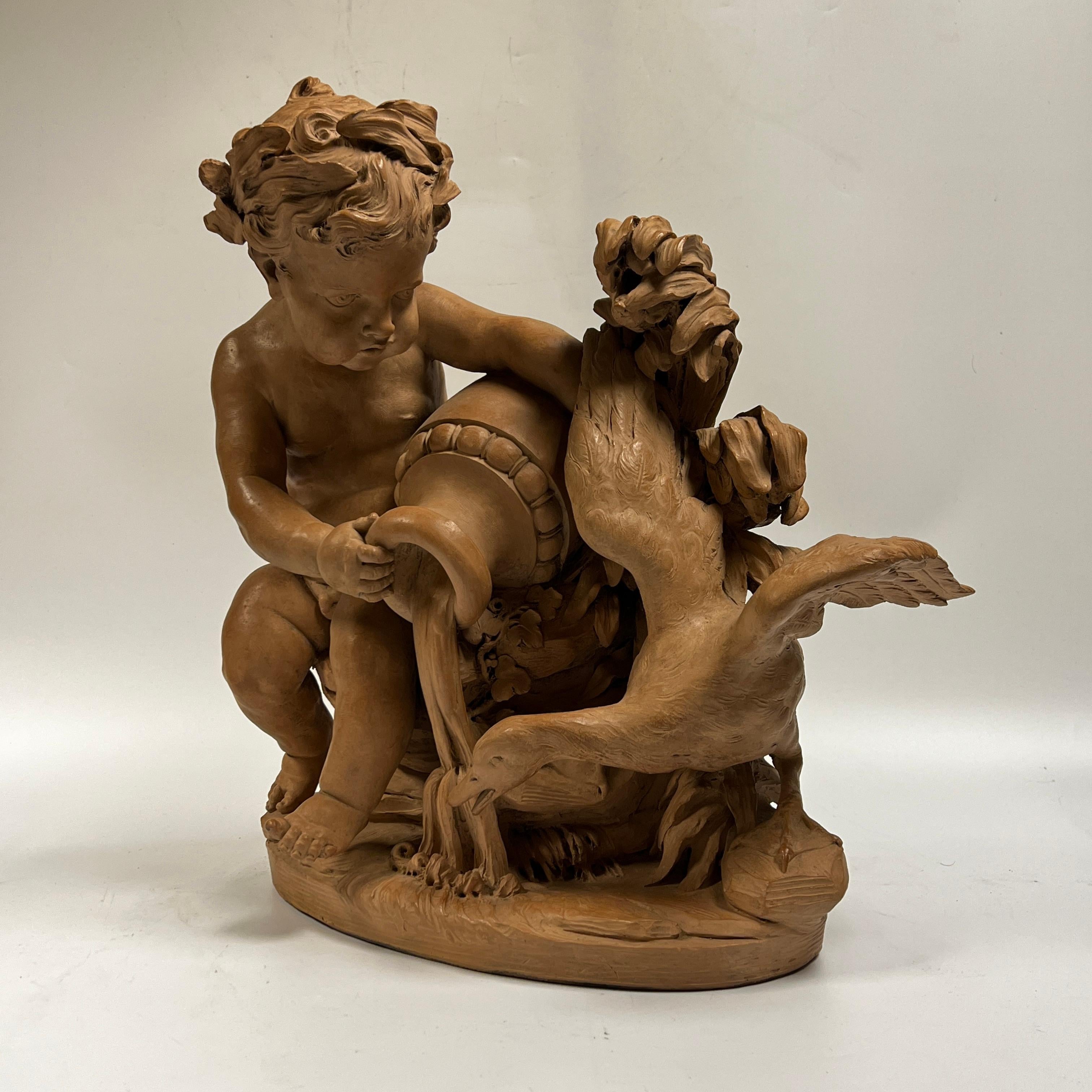 French 19 Century Putto with Swan Terracotta Sculpture in Manner of Clodion For Sale 4