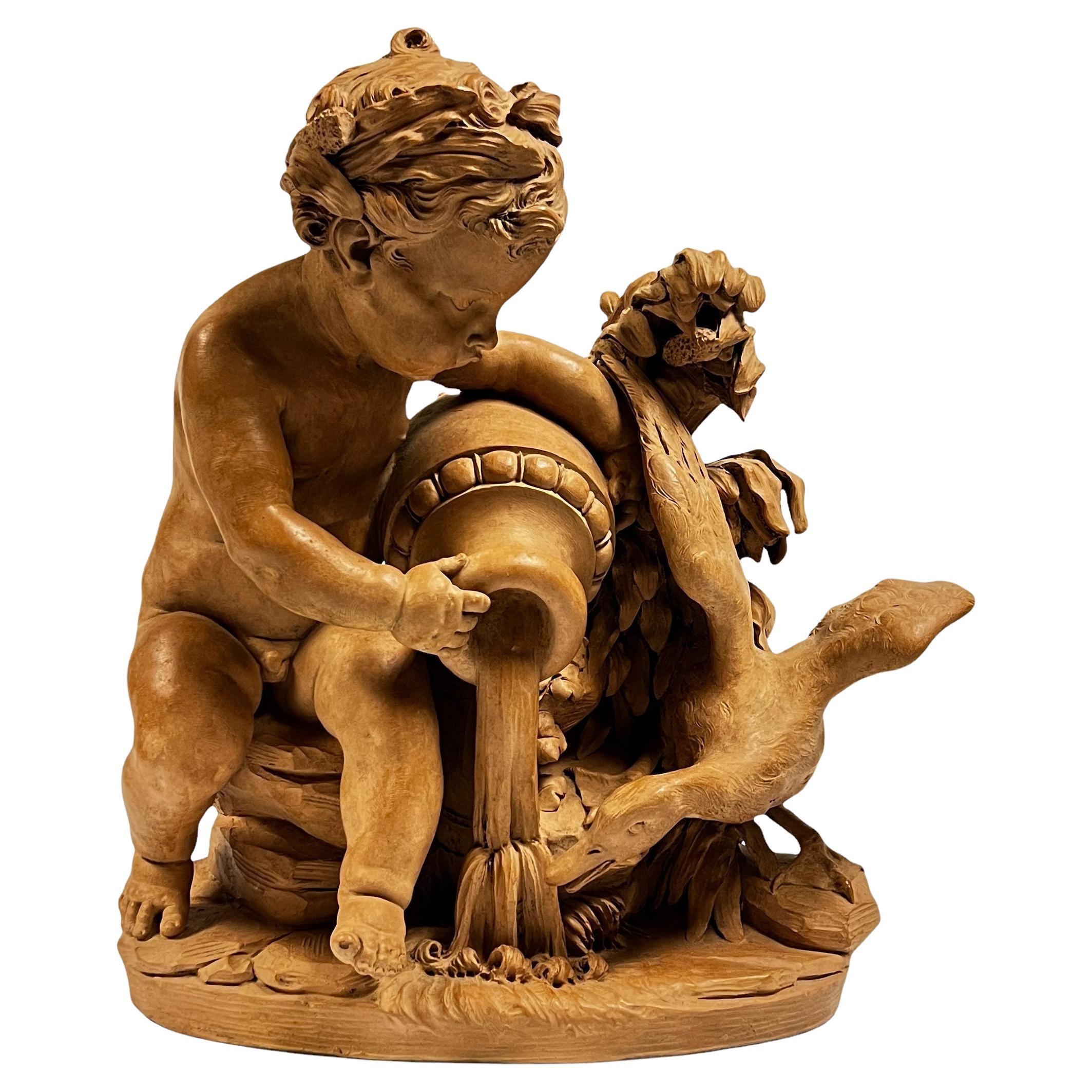 Very fine quality French 19 century Putto with Swan Terracotta Sculpture in Manner of Clodion , symbolic of Spring.