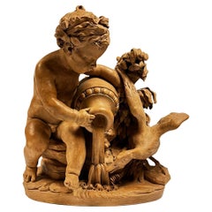 French 19 Century Putto with Swan Terracotta Sculpture in Manner of Clodion