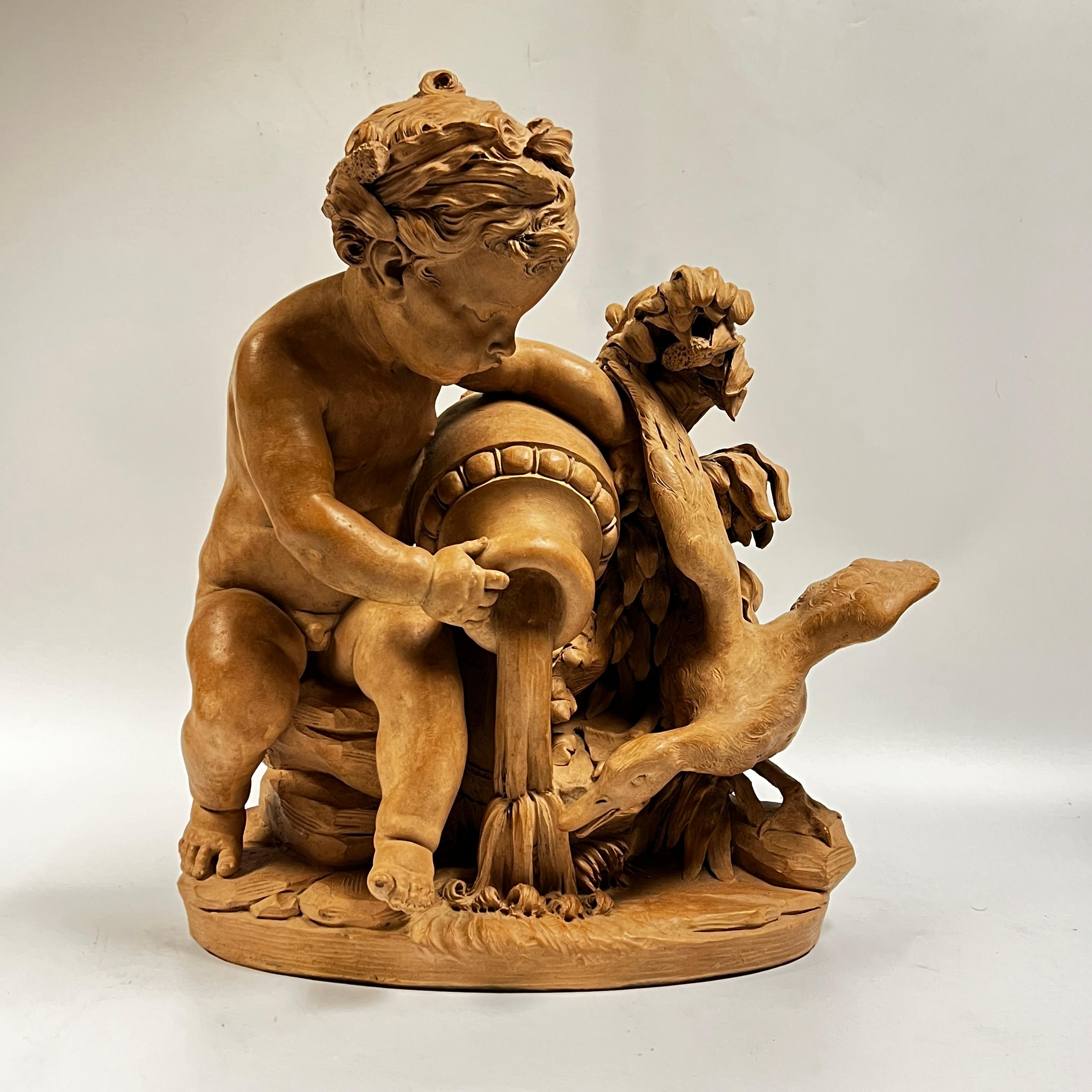 Neoclassical French 19 Century Putto with Swan Terracotta Sculpture in Manner of Clodion For Sale