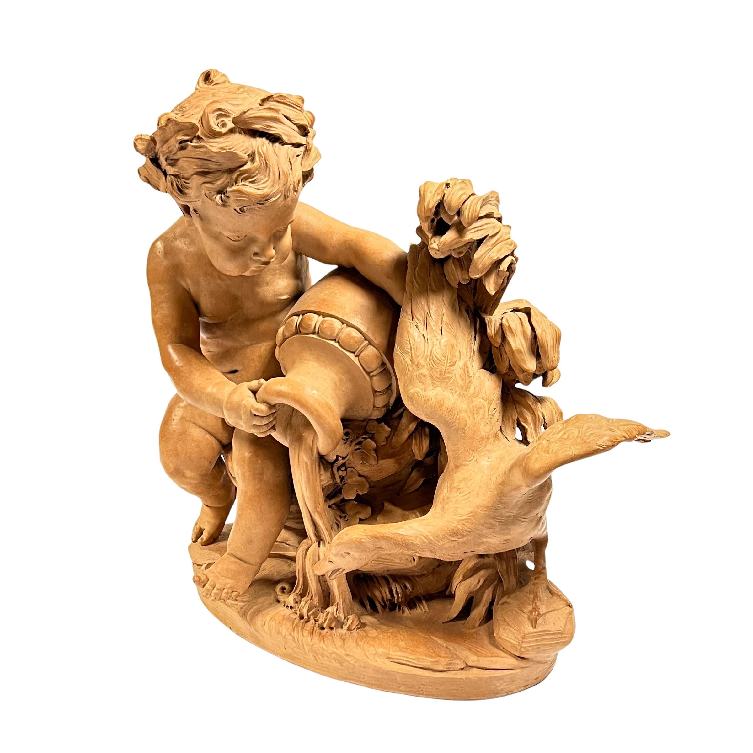 Hand-Carved French 19 Century Putto with Swan Terracotta Sculpture in Manner of Clodion For Sale