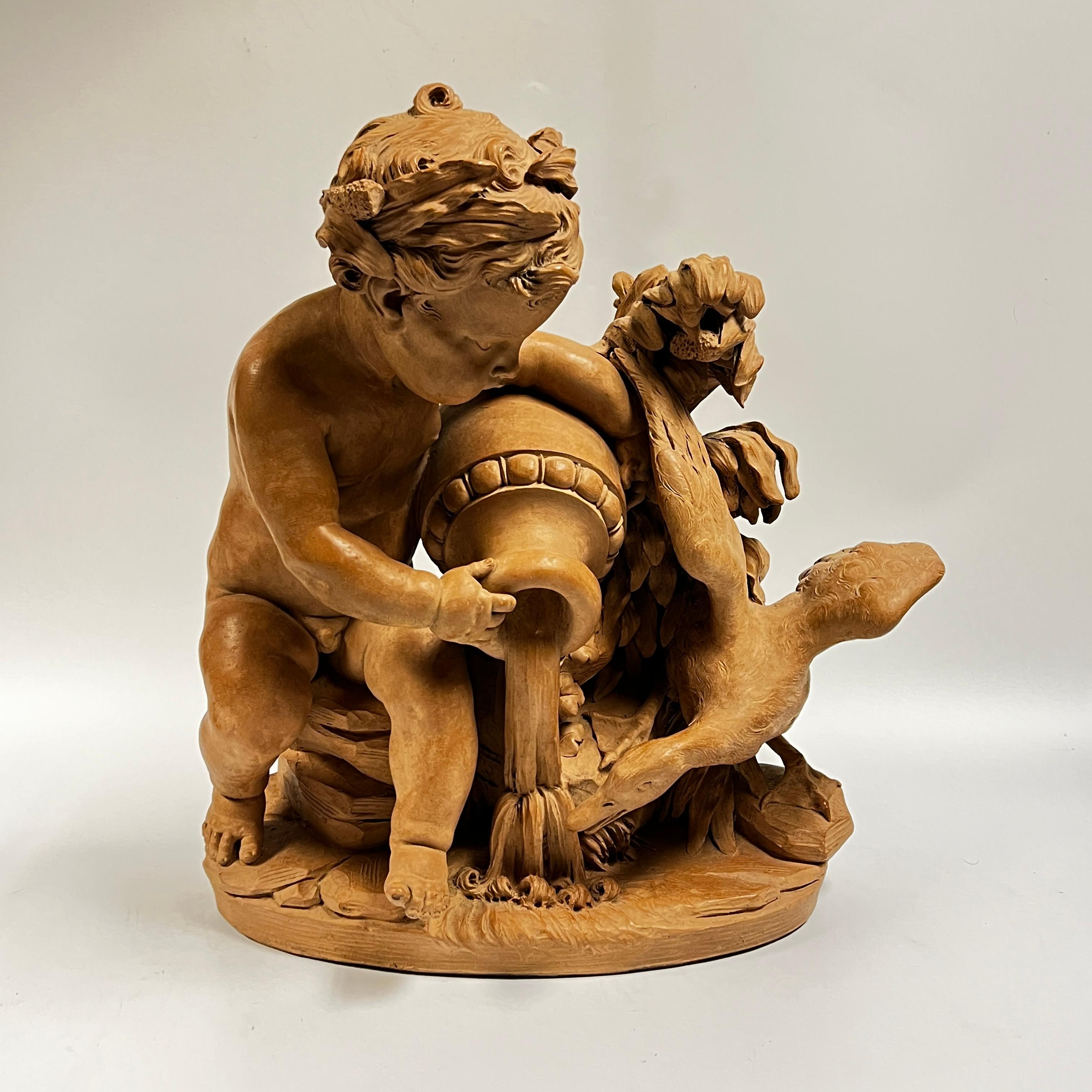 Putto francese del XIX secolo con cigno Scultura in terracotta alla maniera di Clodion In condizioni buone in vendita a New York, NY