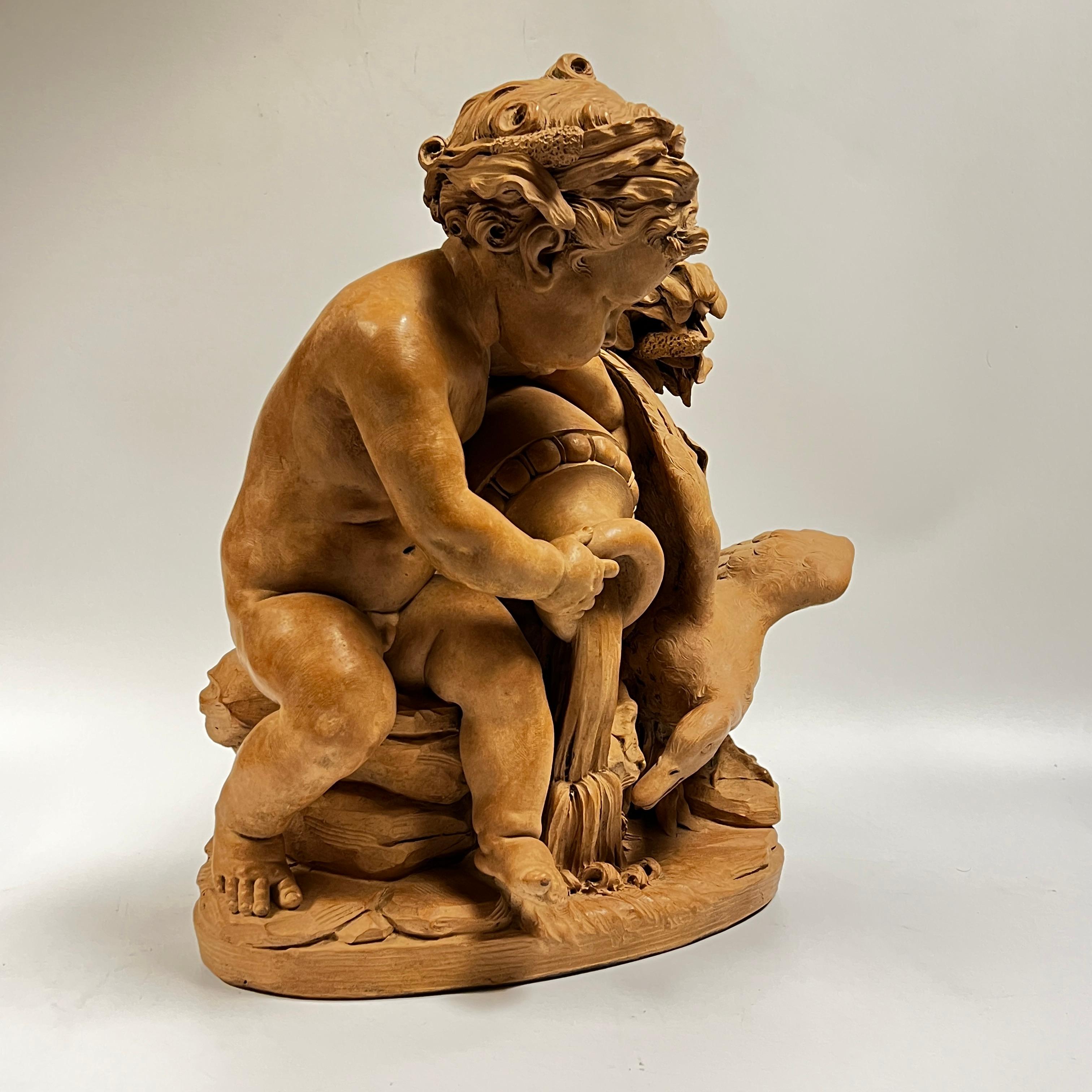 19th Century French 19 Century Putto with Swan Terracotta Sculpture in Manner of Clodion For Sale